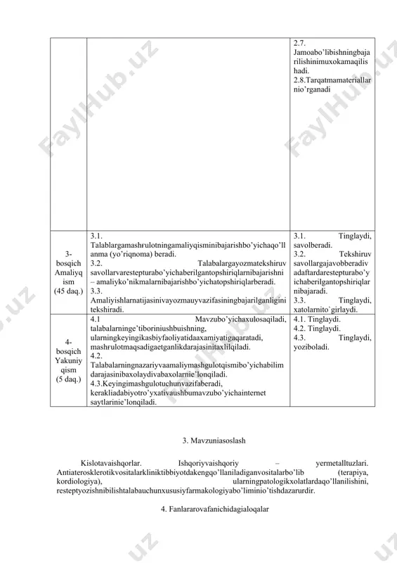 tabolizmini /o’tkislotalarigaaylanishini/ oshiradilar. gipolipidemikvositalarquyidagiguruxlargabo’linadi. 1. aterogenlplarnixosilbo’lishigato’sqinliqqiluvchivositalar /lovistatik, klofibratvauninganaloglari, probukol, nikotinkislotasironikol/. 2. aterogenlpvalipidlarnikatabolizminikuchaytiruvchivaularniorganizmidanchiqishinikuchaytiruvchivositalar /xolestiramin, kolestipol, v-sitosterin, dekstrotiroksin, tuyin-maganyogkislotalari/. 3. turlivositalar /antioksidantlar, geparinoidlarvaboshqalar/ gipolipidemikvositalarniqo’llashgiperlipoprotenimiyaturishgabogliqbo’lib, uning 5 xiltipimavjud. i. tip-giperxilomikronemiya /qondaxm/ ii. tip-giper-v-lipoproteinemiya /lpnptipii-a, lprnp-tipii-bqonda/ iii. tip-dis-v-lipoproteinemiya /qonda «patologik» lp, orqalilp, v-lipoproteinemiya /qondalponpvatgoshadi/. iv. tip-giperprev-lipoproteinemiya /qondalponpvatgoshadi/. v. tip-giperxtlomikronemiyavagiperpre-v-lipoproteinemiyava /qondaxm, lponp, tgortadi/. lovastatin-organizimdav-gidroksikislotalargaparchalanadi.bukislotalaresaxolesteinning sintezida /mevalonat/ qatnashuvchi 3-gidroksi-3 metil-glutaril-kofermentareduktazaningfermentining /gmgkoa-reduktaza/ konkurentingibitorixisoblanadi. shu sabablita’siribilvositaqondaxolesterin, lpnp, lponpkamaytiradi, lpvpbirozoshiradi, tgmiqdorinita’siri 2 xafta-dankeyinboshlanadi, 4-6 xaftadankeyincho`qqisigachiqadi.p-tkechquringiovqatbilanqabulqilinadi, chunkixolesterinkechasi sintezlanadi.albattaparxezqlishkerak. noxushta’siri:jigardisfunkstiyasi, alat, dispekpsiya, boshogriq, eshakemi, miopatiya, umumiyxolsizlik, qondakreatinifosfokinazafaolligini, kumarinantikoagulyantlarta’sirinikuchaytiradi. xomilador, emizikliayollarda, o’tkirgepatitda, bolalardaqo’llashmumkinemas.simvastatin, pravastatin-xamlovastatinkabita’sirko’rsatadi. fluvastatin-sintetikp-t, ta’sirmexanizmigmgkoareduk-tozaniingibitori. samaradorligigipolipidemikvositaxisob-lanadi.qondaxolesterin, lponp, lpnpnikamaytiradi.mitdanyaxshi so’riladi.gebdano’tmaydi,o’ttarkibidaajraladi.be