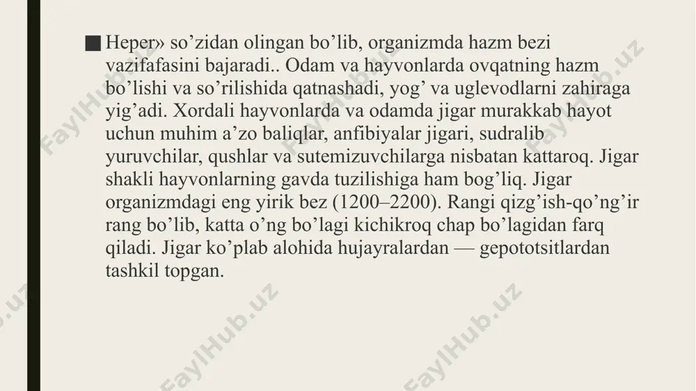 atijada kon tomir devorlarida xolesterinning tuplanishi va aterosklerozning rivojlanishi uchun kulay sharoit yaratiladi. gepatotsitlarda albumin sintezining pasayishi natijasida gipoalbuminemiya va konda onkotik bosimning pasayishi vujudga keladi, portal gipertenziya boskichining rivojlanishida esa astsit vujudga keladi. onkotik bosimning pasayishi shishning rivojlanishiga olib keladi;b) kon ivishida katnashuvchi oqsil (fibrinogen) va fermentlar (pro­koagulyantlar-prot rombin, proaktselerin, prokonvertin) sintezining pasayishi kon ketishiga moyillik bilan kechuvchi koagulopatiyalarning rivojlanishiga olib keladi. bu xolatning zurayishiga yogda eruvchi k vita mini surilishining buzilishi ham sababchidir, chunki jigar etishmovchiligi ut hosil kilish va ajratib chikarish vazifalarining buzilishi bilan kechadi;v) aminokislotalarning dezaminlanishi va ammiak xamda aminoguruhlardan siydikchil sintezi jarayonlaridagi faollikning pasayishi qonda siydikchil mikdorining kamayishi va giperammoniemiyaning rivojlanishiga olib keladi jigar kasalliklarini shartli ravishda bir necha guruhga bo’lish mumkin. gepatit va gepatozlar: virusli gepatitlar; jigarning alkogolsiz yog’ kasalligi; alkogolli gepatit; autoimmun gepatit; jigarning toksik shikastlanishlari (dorilar, zaharli qo’ziqorinlar, kimyoviy moddalar bilan). irsiy kasalliklar: gemoxromatoz; vilson-konovalov kasalligi; jigarning tug’ma nuqsonlari; jilbert sindromi. lipid …