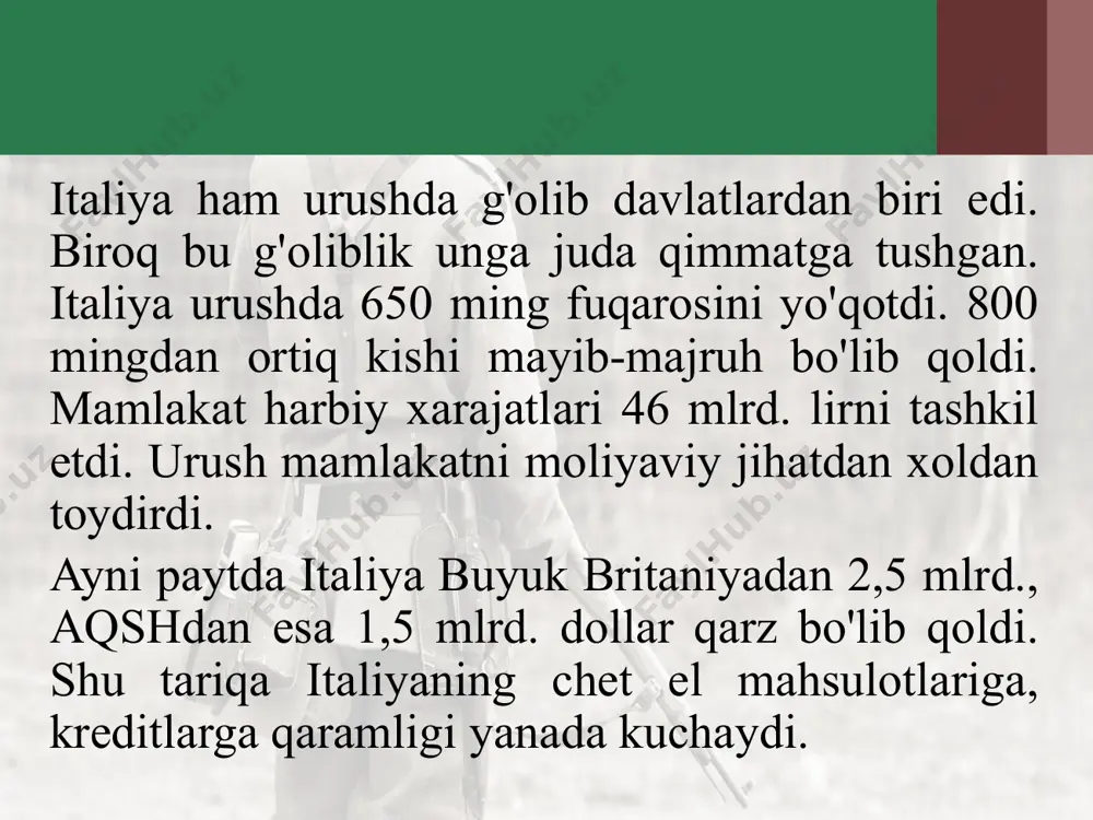 o'rniga, 1921-yilning 3-avgustida mussolini bilan «totuvlik pakti»ni imzoladilar. 1922-yilgi parlament saylovlarida ular 35 o'ringa ega bo’lsalar-da, mahalliy saylovlarda katta muvaffaqiyatga erishdilar. 1922-yil oktabr oyida ular bir necha vazirlik lavozimlarini talab qilib rimga yurish uyushtirdilar. bu amalda mavjud konstitutsiyaviy tuzumga qarshi isyon edi. hukumat isyonni bostirish chorasini ko'rmadi. mamlakat hayotida eng katta ta'sirga ega bo'lgan «sanoat bosh konfederatsiyasi» rahbarlari qirol viktor-emmanuel iii ga telegramma yuborib, undan hokimiyat mussoliniga berilishini talab etdilar. qirol bunga javoban mussolinini bosh vazir etib tayinladi va 1922-yil 30-oktabr kuni mussolini koalitsion hukumat tuzdi. shu tariqa italiyada fashizm qonuniy уо’l bilan hokimiyat tepasiga keldi. parlamentda (420 o'rinli) atigi 35 o'ringa ega bo'lgan fashistlar yetakchisi mussolini dastlab boshqa siyosiy kuchlar bilan murosa qilishga majbur bo'lgan. qirol va parlament 1922-yilning 23-noyabrida mussoliniga cheklanmagan huquq berdi. endi u o'z partiyasi a'zolaridan tuzilgan «katta fashist kengashi» deb atalgan kengash orqali hukumat faoliyatini nazorat ostiga oldi. 1924-yil oxirida mussolinining tazyiqi ostida saylov to'g'risidagi …