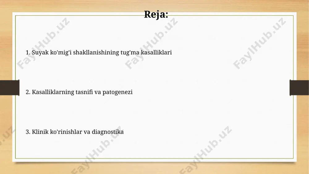 ng noyob shakli bo'lib, kasallanish chastotasi taxminan 1:100,000 ga teng. diamond-blackfan anemiyasi dba ning klinik ko'rinishi makrotsitar anemiya, tug'ma nuqsonlar (masalan, bosh suyagi anomaliyalari), barmoq va oyoq barmoqlarining qisqarishi kabi skelet anormalliklari bilan ifodalanadi. diamond-blackfan anemiyasi, rivojlanishning dastlabki 1 yilida aniqlanadigan, qizil qon tanachalarining kamayishi bilan tavsiflanadigan noyob bir kasallik bo'lib, taxminan 1 million tug'ilgan chaqaloqqa 5-10 ta holat to'g'ri keladi. suyak ko'mig'i shakllanishining tug'ma buzilishlarining diagnostikasi suyak ko'mig'i shakllanishining tug'ma nuqsonlarini aniqlashda to'liq qon manzarasi, shu jumladan, leykotsitlar, eritrotsitlar va trombotsitlar soni va morfologiyasini tahlil qilish muhim ahamiyatga ega. genetik tahlil, xususan, 20 dan ortiq genlarni o'z ichiga olgan keng ko'lamli panelli skrining, kam uchraydigan suyak ko'mig'i rivojlanish buzilishlarini aniqlashda diagnostik ahamiyatga ega. davolash usullari va prognozi davolash, asosan, kasallikning og'irligiga va bemorning yoshiga bog'liq bo'lib, suyak ko'migi transplantatsiyasi (50-70% muvaffaqiyat darajasi bilan) yoki gematologik qo'llab-quvvatlash terapiyasi (qon quyish, antibiotiklar) kabi usullarni o'z ichiga olishi mumkin. ba'zi hollarda, genetik …