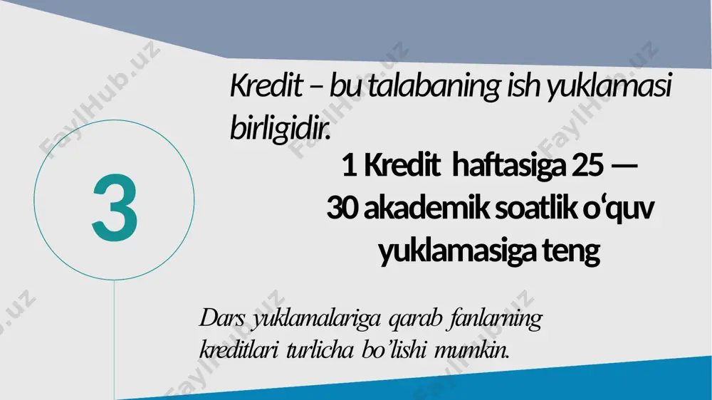 328 kodi(flf114) falsafa (philosophy) kridit[4] 15 misol uchun, 1 yillik kontrakt miqdori 9.mln 129 ming 930 so‘m, demak kurs uchun umumiy yuklama 60 kredit. talaba 6 kreditli fandan yiqilgan bo’lsa, u holda u ushbu fanni qayta topshirishga 9.mln 129 ming 930 so‘m / 60 * 6 = 80m to‘laydi. shartnoma miqdori (1yil uchun) yillik yuklama (1yil uchun) shartnoma miqdori 9.129.930 / 60 = 152.166 1 kridit summasi 152.166 x 8 = 1.217.328 shartnoma miqdori 7.091.610 / 60 = 118.199 1 kridit summasi 118.199 x 8 =945.592 shartnoma miqdori 6.412.610 / 60 = 118.199 1 kridit summasi 106.877 x 8 =855.016 shartnoma miqdori 7.771.270 / 60 = 129.521 129.521 x 8 =1.036.168 misol uchun: 8 kriditli fan uchun 17 e’tiboringiz uchun rahmat! image1.jpeg image2.png image3.png image4.png image5.jpeg image6.png image7.jpeg