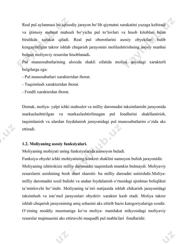 nazorat. i.t. balabanovning fikriga kura bozor iqtisodiyoti sharoitida moliyaning taqsimlash funksiyasi o‘zining mazmunini yo‘qotadi. iqtisodchi v.m. rodionovaning fikriga ko‘ra moliya taqsimlash va nazorat funksiyalarni bajaradi. hozirgi sharoitda aksaroiyat o‘zbekistonlik iqtisodchi olimlar moliyaning taqsimlash va nazorat funksiyalarini bajarishini e’tirof etishadi. iqtisodiy subyektlarning asosiy manfaati foyda olish hisoblanadi. foyda markazlashtirilmagan pul fondlarining asosiy moliyaviy manbai hisoblanadi. bozor iqtisodiyoti sharoitida mulkchilinng kup ukladli shakllarini paydo bulishi va bozor iqtisodiyotining amal qilishi tulik iqtisodiy mustakillikni ta’minlovchi dekmokratik tizimni shakllantirishni obyektiv zarur kilib kuyadi. bunday sharoitda iqtisodiy subektlar faoliyatining moliyaviy natijalari ya’ni tadbirkorlik foydasini taqsimlash ular tomonidan kabul qilinadigan moliyaviy karorlarga bo\liqdir. savol tugiladi. turli darajadagi kup sonli fondlarni shakllantirishning asosiy moliyaviy manbalari nima hisoblanadi. albatta bunda makrodarajada yalpi ichki mahsulot va uning tarkibini tashkil kiluvchi milliy daromad. yalpi ichki mahsulotni taqsimlash jarayoni turli xil moliyaviy instrumentlar: meyorlar, stavkalar, tariflar, ajratmalar va boshqa moliyaviy instrumentlar vositasida amalga oshiriladi. mikrodarajada esa uning manbai korxonalar pul daromadlari …