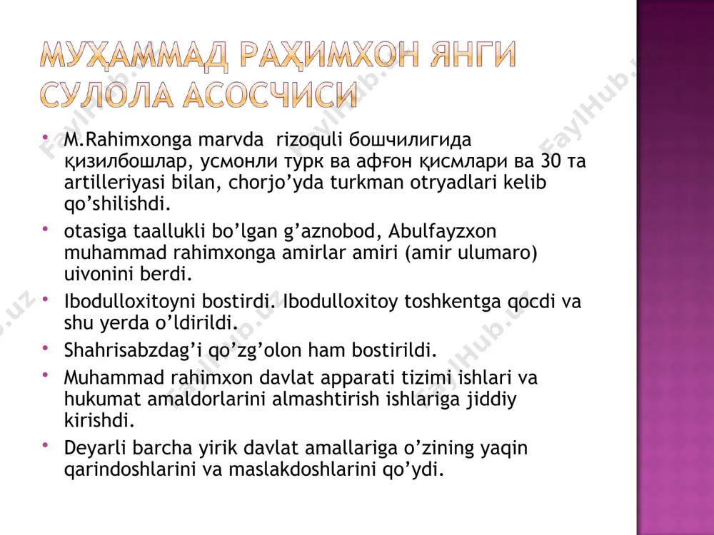 ишларининг тикланиши, кўприклар ва йўллар бешинчи халиф шоҳмуроднинг шартлари бухоронинг тархон ёрлиғи: савдо даромадидан бож тўлашдан озод қилиш, ҳунармандларнинг пул йиғими, мажбурий меҳнат ва тўловлардан озод қилиниши, хирож, никоҳ пули, тарози ҳақи каби йиғимларнинг камайтирилиши жул солиғининг жорий этилиши донишмандчахон, абулғозийхон хуросон учун кураш, марв 1789-1790 йилги марв юришлари ва натижа балх, маймана ва андхуд учун кураш афғонистон билан муносабатлар