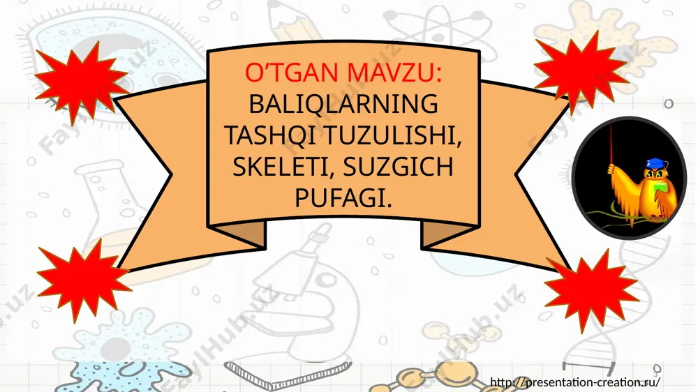 ar: ovqat hazm qilish organlari ketma-ketligini ayting. nafas olish organlari qanday tuzilgan? qon aylanish sistemasi tuzilishi va yirik qon tomirlari haqida tushuncha bering. ayirish sistemasi haqida gapirib bering. 2/9/2021 baliqlarning ichki tuzulishi 15 http://presentation-creation.ru/ uyga vazifa: baliqlarning ichki tuzilishini o’qib kelish 2/9/2021 baliqlarning ichki tuzulishi 16 http://presentation-creation.ru/ image3.jpeg image4.jpg image5.jpeg image6.jpg image7.jpg image2.jpeg image8.png image9.png image10.jpg image11.png image12.jpg image13.jpg image14.png image1.jpeg /docprops/thumbnail.jpeg