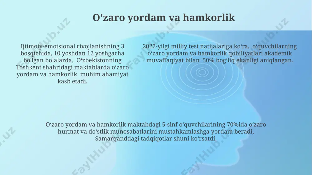 bo'lgan sinflarda do'stona munosabatlar 30% ko'proq kuzatilgan. adolatlilik va hamkorlik kabi qadriyatlar, 100 nafar talaba ishtirok etgan toshkentdagi sotsiologik so'rov natijalariga ko'ra, do'stlikning mustahkamlanishiga va o'zaro yordam ko'rsatishga ijobiy ta'sir ko'rsatadi. e'tiboringiz uchun rahmat @taqdimot_robot image1.png