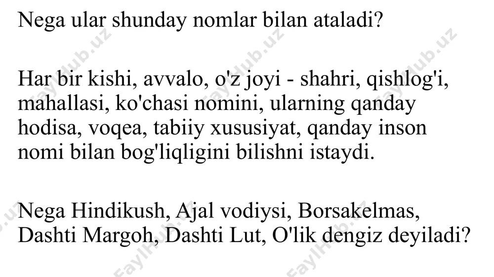 adi. masalan, turkiycha tosh so'zini arablar shosh deb talaffuz qilishidan ma'no o'zgarganini aytadi. “saydana” kitobida 400 dan ortiq qishloq, tog', daryo, shahar va orollarning nomlari tilga olingan. “qonuni ma'sudiy” kitobida 603 ta joy nomi ko'rsatilgan. abu rayhon beruniy mo'lton shahri nomiga quyidagicha izoh bergan (h.h.hasanov, 1985): “mo'ltonning (asl) nomi koshiyapura edi. keyin hansapura, keyin bashapura, keyin sanbhapura va keyin mo'lastxona, ya'ni “asl joy” deb nomlanadi; mo'l - “asl”, tona - “joy” demakdir” deydi. “mineralogiya” kitobida konlarning geografik tarqalishi, qaysi toshning qaysi tog', qaysi daryo vodiysi va qaysi qishloqdan qazib olinishi haqida yozishi bilan birga ayrim tosh, minerallarga izoh ham bergan. beruniyning dunyo xaritasida qirqqa yaqin joy nomlari berilgan. muallifi noma'lum “hudud al - olam” (x asr) kitobida ham geografik toponimika va terminshunoslikka oid ma'lumotlar ko'p. bu kitobda buxoro, farob, poykent, so'g'd, tavovis, karmina, dabusi, arbinjon, kushoniya, samarqand, kesh, termiz, zomin, jizzax, farg'ona, axsikat, qubo, shosh, kot va boshqa joylar haqida …