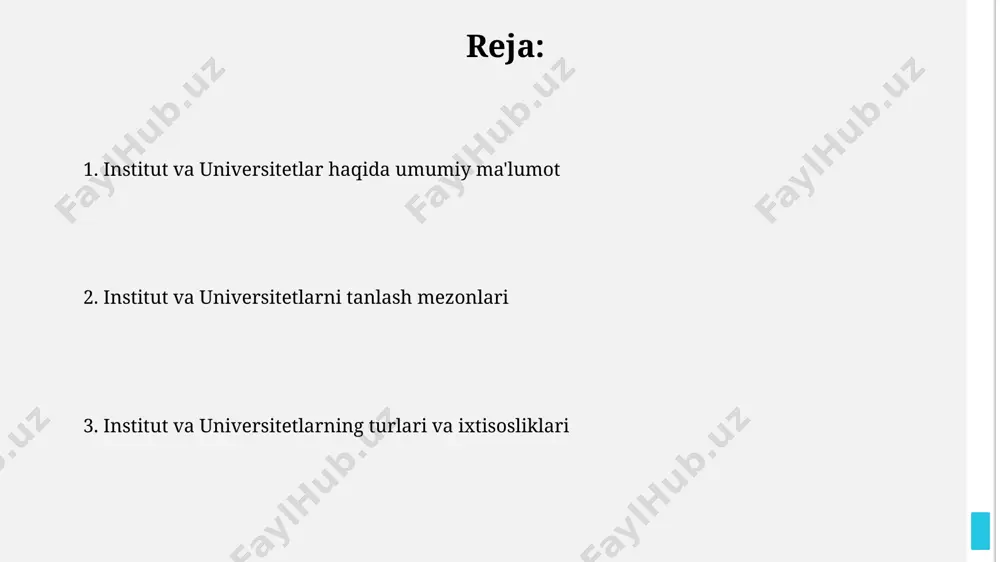 ga qo'ydi. professor-o'qituvchilar tarkibi samarqand davlat universiteti professor-o'qituvchilar tarkibining 40% dan ortig'i xorijiy universitetlarda malaka oshirgan va xalqaro tadqiqot loyihalarida ishtirok etgan. toshkent shahridagi o'zbekiston milliy universitetida 500 dan ortiq professor-o'qituvchilar faoliyat yuritadi, ularning 200 dan ziyodi fan doktori ilmiy darajasiga ega. o'qish jarayoni va o'quv rejalari toshkentdagi xususiy oliygohlarning ko'pchiligi, masalan, westminster universiteti filiali, ingliz tilida o'qitishni taklif qiladi va 4 yillik bakalavr dasturlarida kamida 120 kredit soatni amaliyotga ajratadi. samarqand davlat universiteti kabi ba'zi universitetlar xorijiy universitetlar bilan hamkorlikda qo'shma dasturlarni taklif qiladi, bu esa talabalarga 2-3 yilni xorijda o'qish imkoniyatini beradi va xalqaro diplom olishga yordam beradi. o'quv dasturlari va mutaxassisliklar самарқанд давлат университети ўзининг 100 йиллик тарихи давомида юзлаб минглаб мутахассисларни, жумладан, филология, математика ва тарих йўналишлари бўйича тайёрлаган. тошкент давлат texnika universiteтида 50 дан ортиқ бакалавриат ва магистратура мутахассисликлари, жумладан, компьютер инжиниринги, робототехника ва ахборот хавфсизлиги йўналишлари мавжуд. institut va universitetlardan keyingi imkoniyatlar institut bitiruvchilari …