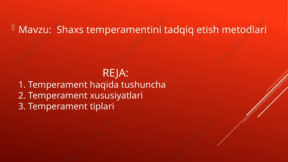 ostika vositasi sifatida ishlatilgan. uning mashhur tasnifi 4 ta temperament turiga bo'lingan bo'lib, unda barcha shaxslar kaptar bilan qoplanishi mumkin, faqat jiddiy psixopatologiyaga ega odamlardan tashqari. biroq, har bir inson ushbu to'rt turdagi har birining bir darajasiga ega deb aytish to'g'riroq ko'rinadi. bir temperamentning ikkinchisiga qaraganda yuqori darajalariga ega bo'lgan odamlar bo'ladi, boshqalari esa bu farq unchalik katta emas. xolerik temperament – hissiyotning tez va kuchli qo’zg’aluvchanligi, barqaror bo’lishi bilan farq qiladi. xolerik temperamentli kishilarning hissiyotlari ularning imo-ishoralarida, mimikalarida, harakatlari va nutqlarida yaqqol ko’rinib turadi. xoleriklar qizg’inlik va tajanglikka moyil bo’ladilar. bunday temperamentli kishilar chaqqon, umuman harakatchan, serg’ayrat va har doim urinuvchan bo’ladilar. barcha temperamentlarni qadimdan to’rt tipga: 1) xole­rik, 2) sangvinik, 3) melanxolik va 4) flegmatik temperamentga ajratish rasm bo’lgan. sangvinik temperament– hissiyotning tez, kuchli qo’zg’aluvchanligi, lekin beqaror bo’lishi bilan farq qiladi. sang­vinik temperamentli kishilarning kayfiyati tez-tez o’zgarib, bir kayfiyat o’ziga teskari bo’lgan ikkinchi bir kayfiyat bilan tez almashib …
