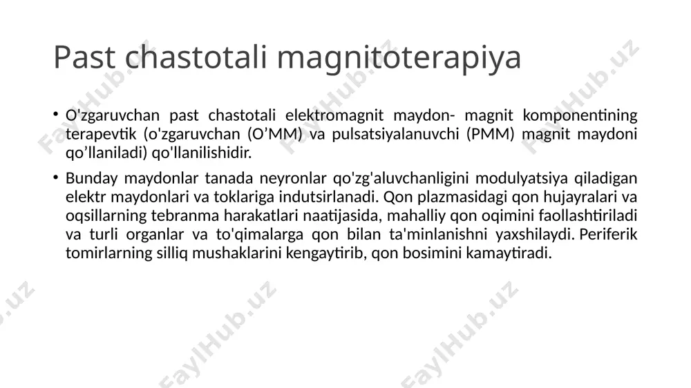 emorragik insult, yurak ishemik kasalligi, zo’riqish stenokardiyasi iii fs, gipotenziya, sun'iy yurak stimulyatori mavjudligi. parametrlar. terapevtik maqsadlarda past chastotali o'zgaruvchan, impulsli, yugirik, murakkab modulyatsiyalangan past chastotali magnit maydonlardan (0,3 dan 100 gts gacha) foydalaniladi, magnit induksiyasi 100 mtl dan oshmaydi. "magnit-1", "medteko", "polyus-2", "gradient-2", "induktor", "kolibri", kosmogramma, magnet qurilmalari yordamida past chastotali magnit maydon hosil qilinadi . murakkab modulyatsiyalangan past chastotali magnit maydon hosil qilish uchun “cap-mt/8-multimag” kompleksi, shuningdek “magnitoturbotron” qurilmalaridan foydalaniladi. polyus 2 gradiyent 1 magnitturbotron texnika. induktorlarning bo’ylama va ko’ndalang tartibidan foydalaniladi. shu bilan birga, induktor-solenoidlar, organlar va oyoq-qo'llar uzunligi bo'ylab katta tomirlar uzunası yo'nalishida va induktor- elektromagnitlarida esa – ko’ndalang yo'nalishi bo'yicha o'rnatiladi. murakkab modulyatsiyalangan magnitoterapiya uchun elektromagnit kushetkadan- magnit induksiya vektorining avtonom o'zgarishi bilan, 6 ta segment va 400 elektromagnitdan iborat magnitoskan qurilmasidan foydananiladi. yuqori chastotali magnitoterapiya yuqori va ultra yuqori chastotali elektromagnit maydonning magnit tarkibiy qismlaridan terapevtik foydalanish. yuqori chastotali magnit maydonlar (mm) organizm to'qimalarida …