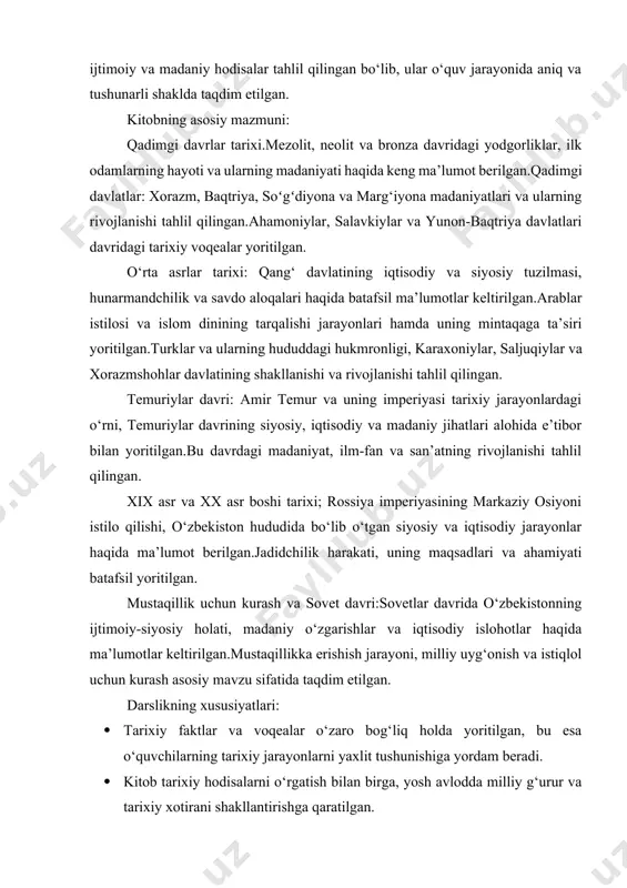 da ma’lumotlar keltirilgan.mustaqillikka erishish jarayoni, milliy uyg‘onish va istiqlol uchun kurash asosiy mavzu sifatida taqdim etilgan. darslikning xususiyatlari: · tarixiy faktlar va voqealar o‘zaro bog‘liq holda yoritilgan, bu esa o‘quvchilarning tarixiy jarayonlarni yaxlit tushunishiga yordam beradi. · kitob tarixiy hodisalarni o‘rgatish bilan birga, yosh avlodda milliy g‘urur va tarixiy xotirani shakllantirishga qaratilgan. · matnni boyitish uchun xaritalar, tarixiy hujjatlar va tasviriy materiallar kiritilgan. mazkur darslik o‘quvchilar, talabalar, o‘qituvchilar va tarix bilan qiziquvchi kitobxonlar uchun mo‘ljallangan. unda keltirilgan ilmiy va tarixiy ma’lumotlar o‘zbekiston tarixi bo‘yicha bilimlarni chuqurlashtirish va boyitishda muhim o‘rin tutadi. iv.test savollar tuzish. 5ta mavzu: aleksandr makedonskiyning o’rta osiyoga yurishi. 1. aleksandr makedonskiyning o‘rta osiyoga yurishi qaysi davrga to‘g‘ri keladi? a) miloddan avvalgi iv asr b) milodiy i asr c) miloddan avvalgi ii asr 2. aleksandrning asosiy maqsadi nima edi? a) hindistonni egallash va savdo yo‘llarini nazorat qilish b) fors imperiyasini mustahkamlash c) massagetlarni bo‘ysundirish 3. aleksandr makedonskiy o‘rta …