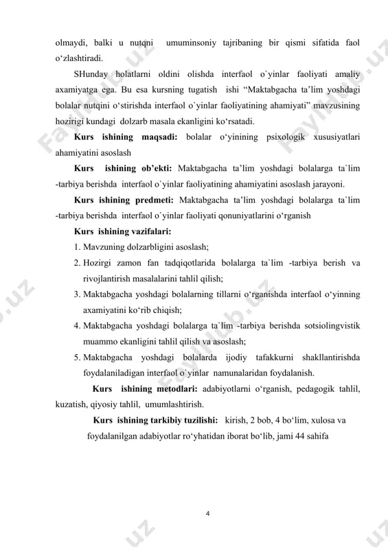 yoshdagi bola atrofidagi narsalar dunyosini bilish jarayonida shu narsalar bilan bevoisita amaliy munosabatda bo‘lishga intiladi. bu o‘rinda shu narsa e'tiborliki, bola bilishga tashnaligidan atrofdagi o‘zining kuchi, aqli etadigan narsalar bilangina emas, balki kattalar uchun mansub bo‘lgan, o‘zini kuchi ham, aqli ham etmaydigan narsalar bilan ham amaliy munosabatda bo‘lishga, ya'ni bilib olishga intilaveradi. buning natijasida bolaning xaddan tashqari tez ortib borayotgan turlari ehtiyojlari bilan ularning tor imkoniyatlari o‘rtasida keskin qarama – qarshilik yuz beradi. masalan bola avtomashinani, tramvayni o‘zi xaydagisi, rostakam otga minib yurgisi, uchuvchu bo‘lib samolyotda uchkisi, rostakam militsioner bo‘lgisi keladi. biroq , bola o‘zidagi bunday extiyojlarni birortasini ham xaqiqiy yo‘l bilan qondira olmaydi. chunki bu yoshdagi bolada bunday kasblarga mansub bo‘lgan murakkab ko‘nikma va malaka yo‘k, bo‘lishi ham mumkin emas. bu o‘rinda tabiiy bir savol tug‘iladi. bolalarning tobora ortib borayotgan turlicha extiyojlari bilan ularning tor imkoniyatlari o‘rtasida qarama – qarshilik qanday yo‘l bilan xal qilinadi? bu qarama – qarshilik …