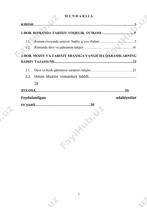 asrning 60-yillaridan vafotiga qadar adabiy jarayonda faol ishtirok etib kelgan edi. u she’riyat, dramaturgiya, ayniqsa, nasr sohalari bo‘yicha boy adabiy meros qoldirdi.. o‘tgan muddat davomida ko‘plab hikoya, qissa, romanlar yaratdi. adabiy jamoatchilik, tanqid va kitobxonlar ommasi bu asarlarga o‘ziga xos qiziqish va iliqlik bilan munosabatda bo‘ldi va yaxsh baholadi. omon muxtor – chuqur va keng badiiy tafakkurga ega ijodkor. u sharq va g‘arb madaniy-adabiy boyliklarini atroflicha o‘qib o‘zlashtirgan, bu esa uning ijodi namunalari morfologik strukturasida, syujet-kompozitsion maydonida, qahramon qurilmasi va faoliyatida sezilib, ko‘rinibturadi. keyingi yillar o‘zbek romanchiligida jiddiy sifat o‘zgarishlari sodir bo‘layotir. roman shakl jihatdan ham, badiiy mazmun, qahramon jihatidan ham o‘zgarmoqda, davrning murakkab ruhin io‘zgacha-zamonaviy tarzda in’ikos ettirishga harakat qilmoqda. bunday ustuvor xususiyatni o. muxtor romanlari(“egilgan bosh”, “ko‘zgu oldidagi odam”, “ming bir qiyofa”, “ayollar mamlakati va saltanati”, “ffu”, “maydon”, “ishq ahli”, “buyuk farrosh”)da ham yaqqol ko‘rish mumkin. adib butun ijodiy faoliyat idavomida xalqimiz o‘tmishiga yuksak ehtirom tuyg‘usi bilan munosabatda …