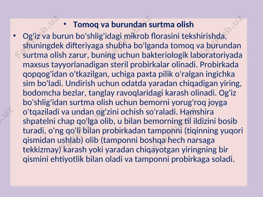 unda siymaslik so'raladi. ertalab soat 8:00 da ertalabki siydikning hammasi laboratoriyadan olingan maxsus idishga yig'iladi. d) diastazaga siydik olish. bu tekshiruvga 50 ml yangi siydik konservantsiz olinadi, laboratoriyaga jo'natiladi. e) siydikni ambryuje usuli bo'yicha tekshirish. 3 soatlik siydik olinadi. lirtalab tungi siydik to'kiladi, vaqti belgilanadi va 3 soat o'tgach, tashqi jinsiy a'zolar tozalanib, siydik kateterda yig'iladi. siydikni konservantsiz laborato­riyaga olib kelinadi, bu yerda siydik elementlari kamerada sanaladi. leykosit­lar, eritrositlar, silindrlar miqdori bir daqiqada ajratilgan siydik hajmida aniqlanadi. me'yor: leykositlar kuniga 2,5-10 gacha, silindrlar soni 15 gacha. f) siydikni nechiporenko usuli bo'yicha tekshirish. siydikni gigiyenik tozalashdan so'ng istalgan vaqtda yig'ish mumkin, biroq laboratoriyaga ertalabki siydikni yetkazgan ma'qul. siydik elementlari hisoblash kamerasida sanaladi. ularning miqdori 1 ml ga taqsimlanadi. leykositlar me'yori 1 ml da 400 gacha, eritrositlar 1 ml da 1000 gacha. g) buyraklar faoliyatini aniqlash. buyrakning konsentrlash va mochevinani chiqarish xususiyatini aniqlashning katta tashxisiy ahamiyati bor. buning uchun zimnitskiy bo'yicha sinama …