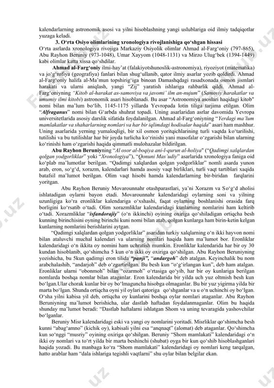 ririni ishlab chiqadi. 1583 yilda j.skaliger “vaqtni hisoblash yuzasidan yangi tadqiqot” nomli asarini e’lon qiladi. 1582 yilda italyan olimlari luidji lilio (aloiziy liliy) va i.danti yangi kalendarni tuzib chiqadi. bu kalendar tarixda grigoriy kalendari nomi bilan shuhrat qozonadi. xviiasrda fransuz monaxi d.petavi ham vaqtni hisoblash yuzasidan tadqiqotlar olib boradi. xviiiasrda rossiya olimlari xronologiya faniga oid tadqiqotlar olib borganlar. "rossiya tarixi" kitobining birinchi jildida v.n.tatishev yozgan maxsus bob “yilning boshida vaqtni hisoblash” deb nomlanadi. bu davrda m.v.lomonosov, m.m.sherbatov, i.n.boltin va a.l.shletser xronologiya bilan shug‘ullandilar. xviiiasrga kelib yevropada xronologiya mustaqil tarixiy fanga aylandi. bunga qator ingliz matematik va astronomlari о‘z xissalarni qо‘shdilar. xviiiasr о‘rtalarida f.chesterfildning tashabbusi bilan angliyada grigorian kalendari qabul qilindi. 1825-1826 yillarda nemis astronomi x.l.ideler tomonidan yozilgan ikki jildlik “matematik va texnik xronologiya”, l.brossening “xronologiya texnikasiga doir” (spb., 1868), f.kaltenbrunnerning “grigorian kalendari islohoti tarixidan” (vena, 1876), o.ye.gartmanning “rim kalendari” (leypsig, 1882), y.i.makdonaldning “xronologiya va kalendar” (london, 1897) asarlari xronologiya fanining …