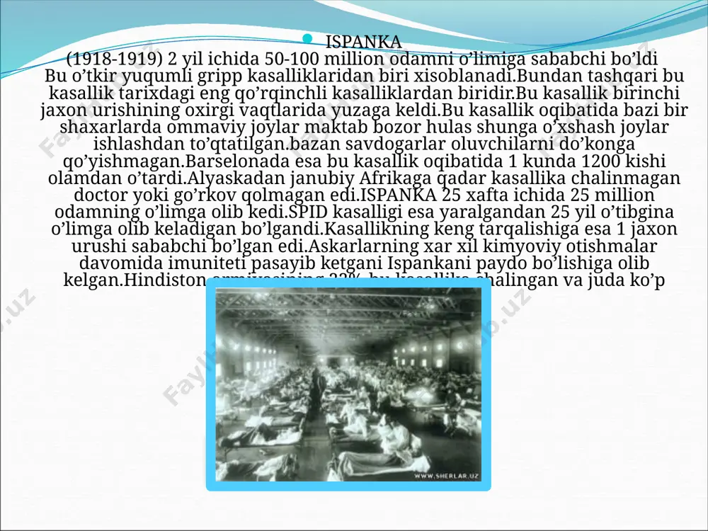 ib ketishadi va o’rmonda boshpana qilishadi.ular maymunlar bilan aloqada bo’lishadi.vaqti kelib ularga qutqaruv samalyoti keladi va ular odamlar orasiga qaytishadi afsuski o’zlari bilan birga xozirda ko’p insonning umriga zomin bo’lgan spid kasaligini xam olib kelishadi. xolera (1817 yildan to xozirgi kunga qadar) dunyo bo’ylab 100 mingdan ortiq insonlarni umriga zomin bo’lmoqda 1817-1926 yillarda butun yer yuzida 4.5 milliondan ortiq odam bu kasallika chalingan shulardan 2 milion odam kassalik tufayli olamdan o’tdi.bu vaqtda rossiyada bu kasallik juda tez tarqaldi.xatto bu kasallikdan mashhur yozuvchi p.i chaykovskiy xam olamdan o’tdi.bu kasallik xaqida to’liq malumotga ega emasman.. tif (eramizdan oldingi 430 yildan xozirgi kunga qadar) 1918-1922 yillar ichida 3 milliondan ortiq odamlarni o’limga olib kedi va bularni asosiy qismini rossiyaga xujum boshlagan napalyon bonopart ning askarlari tashkil etadi.bu kasallik xozirga qadar kuchli ichki kasalliklar ro’yhatida turadi.bu kasallik asosan osiyoda keng tarqalgan.xabarlarga qaraganda bir yilda bu kasallikdan dunyo buyicha 560.000 odamni o’limiga sababchi bular ekan …