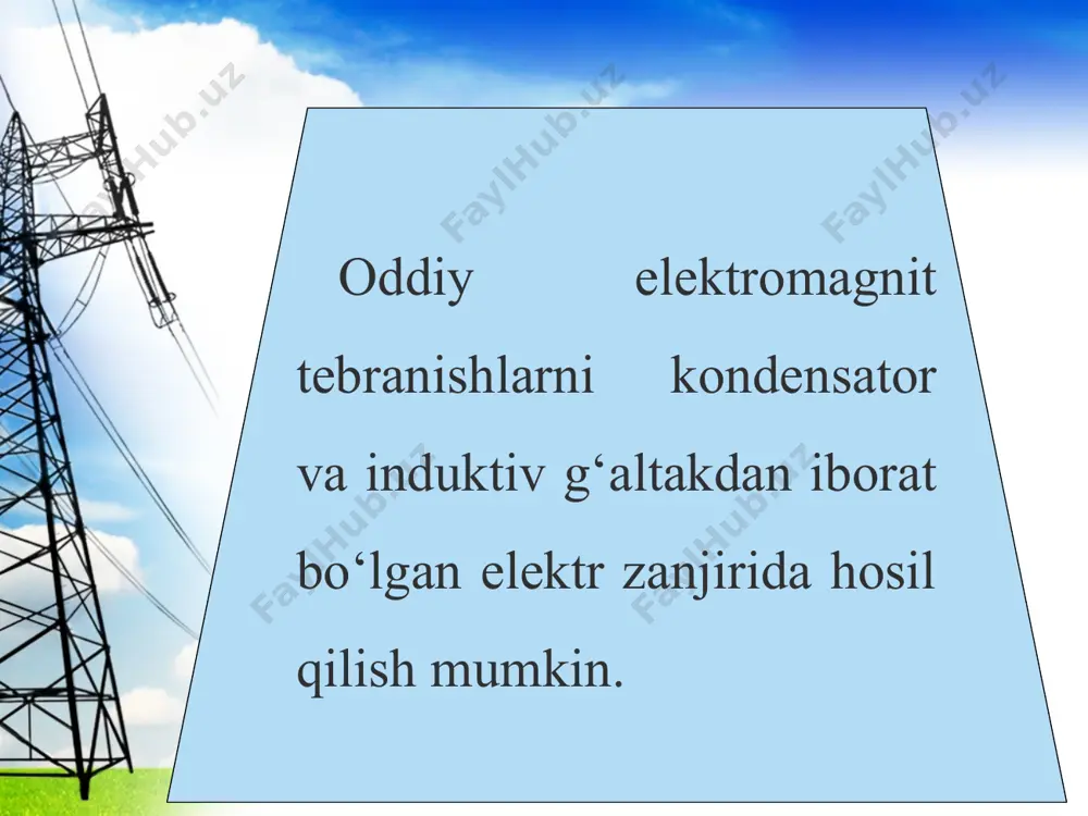 ni g‘altakda induksion kuchlanish hosil qiladi. tok kamaya borib, induksion kuchlanish, kondensatorni qayta zaryadlaydi (5-holat). 5-holat va 1-holatlarda kondensator zaryadi ishoralari bir xil. demak, keyingi jarayonlar oldingidek ketma-ketlikda davom etadi. ko‘rib o‘tilgan jarayonlardan quyidagi xulosalarni chiqaramiz: 1. kondensator va induktiv g‘altakdan iborat zanjirda, bir marta o‘zgarmas tok manbayidan kondensatorga berilgan zaryad, berk zanjirda o‘zgaruvchan tokni hosil qiladi. 2. dastlab manbadan olingan energiya kondensator qoplamalari oralig‘ida elektr maydon energiyasi sifatida to‘plansa, keyinchalik g‘altak atrofidagi magnit maydon energiyasiga aylanadi. so‘ngra magnit maydon energiyasi, elektr maydon energiyasiga va h.k. davriy ravishda aylanib turadi. 10-sinfda har qanday takrorlanuvchi jarayonga tebranish deyilishi aytilgan edi. demak, kondensator va g‘altakdan iborat zanjirdagi jarayon ham tebranma xarakterga ega. uni elektromagnit tebranishlar deyiladi. elektromagnit tebranishlar hosil bo‘layotgan g‘altak (l) va kondensator (c)dan iborat berk zanjir tebranish konturi deb ataladi (3.3-rasm). tebranish konturida hosil bo‘layotgan elektromagnit tebranishlar davri (chastotasi)ni aniqlash formulasi ingliz fizigi u. tomson tomonidan aniqlangan. bunda: t–tebranishlar davri …