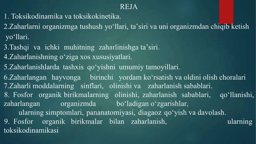 ba`zi bir zaharlovchi moddalar organizmga tushgach nafas yo‘llari shilliq pardalariga va o‘pka to‘qimalaridagi intraretseptorlarga maxalliy ta`sir ko‘rsatishi mumkin. reflektor yo‘l bilan ta`sir qilganda organizmga umumiy ta`sir qilishi kuzatiladi. o‘pka sezuvchi nerv oxirlariga juda boy refleksog`en zona bo‘lib xisoblanadi. shuning uchun patologik reflekslar zaharlovchi moddalar ta`sirida o‘pkada paydo bo‘lishi mumkin. zaharlovchi moddalar bilan nafas yo‘llari orqali zararlanish ingalyatsion zararlanish deb ataladn. bu zararlanish juda ham havfli xisoblanadi. organizmda begona birikmalarning aylanish jarayonini faqat «detoksikatsiya» deb atash mumkin emas. ko‘pchilik xollarda organizmning o‘zi zaharni sintez qiladi va letal metabolik o‘zgarishlarning blokadasigina (to‘sig`i) kimyoviy travmaning oldini oladi. organizmdan begona birikmalarning chiqarib yuborilishi yo‘llari va usullari har xil bo‘lib, amaliy jihatdan ular quyidagi ko‘rinishga ega: buyrak-ichak-o‘pka-teri. agar ekskretsiya bir qancha yo‘l bilan borsa, (buyrak va buyrakdan tashqari) ularning yig`indisi quyidagiga bo‘ladi. buyrak orqali toksik moddalarning ajralishi filtratsiya va faol transport yordamida amalga oshiriladi: siydik bilan organizmni tark etadigan moddalar miqdori filtratsiya jarayonida qayta so‘rilishi …
