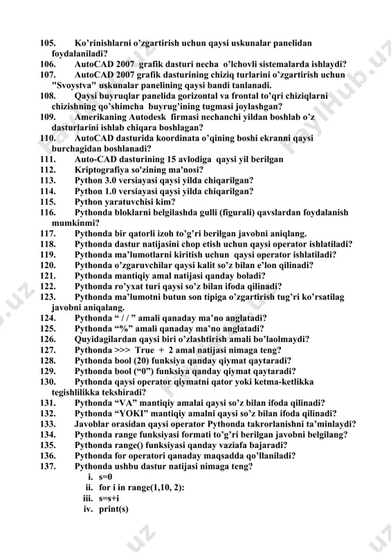 ini amalga oshirish kerak? 94. chizma chizish qoidalariga muvofiq chizmada asosiy tutash chiziqlarning o’lchami to’qri ko’rsatilgan qatorni toping? 95. autocad grafik dasturida h (gorizontal), v (frontal), w(profil) tekisliklar qaysi uskunalar panelida joylashgan? 96. autocad grafik dasturida uch o’lchamli holatga o’tish uchun qaysi buyruqdan foydalaniladi? 97. chizmaning uch o’lchamli modeli ya'ni "3d model" so’zining ma'nosi qaysi qatorda to’qri keltirilgan? 98. autocad grafik dasturida koordinata o’qlarining joylashuvi qaysi uskunalar panelidan foydalanib boshqariladi? 99. quyidagilardan qaysilari grafik qurilmalarga kiradi? 100. poligon nima? 101. hosil qilingan ob'ektni "vid" uskunular paneli orqali 3d holatda necha xil tomonidan ko’rish mumkin? 102. hosil qilingan ob'ektni "vid" uskunular paneli orqali 2d holatda necha xil tomonidan ko’rish mumkin? 103. kesmaga o’lcham qo’yish uchun tanlanadi? 104. aylanaga o’lcham qo’yish uchun tanlanadi? 105. ko’rinishlarni o’zgartirish uchun qaysi uskunalar panelidan foydalaniladi? 106. autocad 2007 grafik dasturi necha o’lchovli sistemalarda ishlaydi? 107. autocad 2007 grafik dasturining chiziq turlarini o’zgartirish uchun "svoystva" uskunalar panelining …