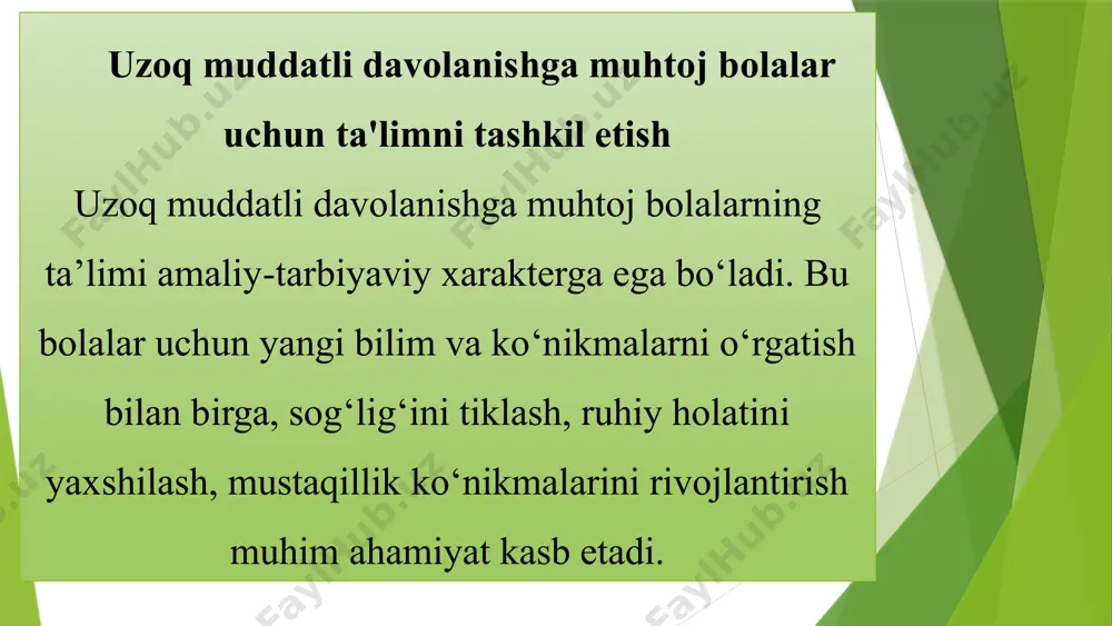 irgalikda nazorat qiladilar. 11 maqsad uzoq muddatli davolanayotgan bolalarning darsdan qolishini oldini olish, ularga uzluksiz ta'lim-tarbiya olish imkonini yaratish. vazifalar bolalarning individual xususiyatlarini inobatga olgan holda, ularning tayyorgarligi, qiziqishlari va qobiliyatlarini rivojlantirish. moslashuv bolalarni jamiyatga moslashtirishga va sog'lom hayot tarzini shakllantirishga ko'maklashish. 12 shifoxona maktablarida ta’lim-tarbiya jarayonlarini tashkil etish diaqnostika bolalarning individual xususiyatlarini, qiziqishlari va qobiliyatlarini aniqlash. individualizatsiya ta’lim-tarbiya jarayonlarini bolalar xususiyatlari asosida rejalash-tirish va tashkil etish. integratsiya bolalarni jamiyatga moslashtirishga yo‘naltirilgan faoliyatlarni amalga oshirish. shifoxona maktablari pedagoglarining kasbiy kompetentliklari pedagogik bolalarning individual xususiyatlarini hisobga olish, turli o‘quv materiallaridan samarali foydalanish. tibbiy bolalarning salomatligini nazorat qilish, ularning davolanish jarayoniga ko‘maklashish. psixologik bolalarning ruhiy holati va xususiyatlarini aniqlash, ularga qo‘llab-quvvatlash. shifoxona maktablarida o'quv-tarbiya jarayonini tashkil etishda pedagoglarning o'rni moslashuv pedagoglar bolalarni shifoxona muhitiga moslashtirishda muhim rol o'ynaydi. motivatsiya ular bolalarni o'quv-tarbiya jarayoniga faol jalb qilish orqali ularning motivatsiyasini oshiradi. individuallashtirish pedagoglar bolalarning individual xususiyatlarini hisobga olgan holda ta'lim-tarbiya jarayonini tashkil etadi. …