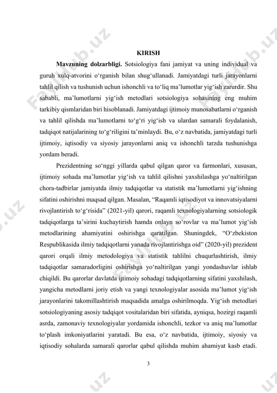 qilingan. kurs ishining vazifalari: · ma’lumotlarni yig‘ish metodlarining nazariy asoslarini o‘rganish. · kvantitativ va kvalitativ metodlarning amaliy qo‘llanilishini tahlil qilish. · zamonaviy texnologiyalar yordamida ma’lumot yig‘ish jarayonlarini takomillashtirish. · tadqiqotlarda metodologik yondashuvlar va etik me’yorlarni o‘rganish. kurs ishining predmeti. sotsiologik tadqiqotlarda ma’lumotlarni yig‘ish metodlari, ularning turlari, qo‘llanilishi va amaliy ahamiyati. bu predmet ma’lumot yig‘ishning metodologik yondashuvlarini, zamonaviy texnologiyalar yordamida metodlarni takomillashtirishni va sotsiologik tadqiqotlarda samarali qo‘llanishini o‘z ichiga oladi. kurs ishining obyekti. sotsiologik tadqiqotlar jarayonida ma’lumotlarni yig‘ish, tahlil qilish va qo‘llaniladigan metodlar. bu obyektda ma’lumotlarni yig‘ishning an’anaviy va zamonaviy usullari, ularning amaliyotdagi qo‘llanilishi va metodologik yondashuvlar o‘rganiladi. kurs ishining tuzilishi: kirish, 2 ta bob, umumiy xulosa va foydalanilgan adabiyotlar ro‘yxatidan iborat. i-bob. ma’lumotlarni yig‘ish metodlarining nazariy asoslari 1.1. ma’lumotlarni yig‘ishning mohiyati va ahamiyati ma’lumotlarni yig‘ish sotsiologiyada jamiyat va ijtimoiy jarayonlarni o‘rganishning asosiy vositalaridan biridir. ma’lumotlarni to‘plash jarayoni ilmiy tadqiqotlarning muvaffaqiyatli amalga oshirilishi uchun zarurdir, chunki aniq va ishonchli ma’lumotlar bo‘lmasa, …