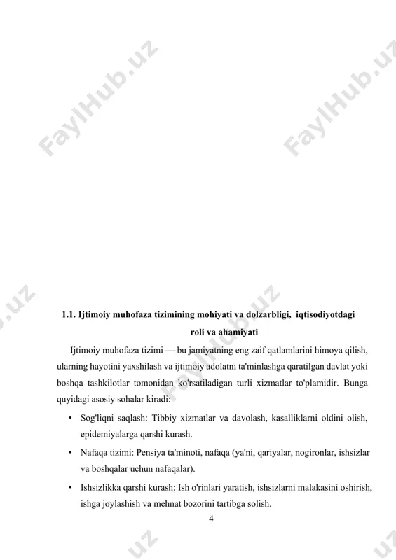 imkoniyatlar kengayadi. · favqulodda holatlar va ijtimoiy xavf: pandemiya, tabiiy ofatlar yoki iqtisodiy krizislar kabi favqulodda holatlar ijtimoiy muhofaza tizimlarining ahamiyatini oshiradi. tizimlar xalqni zarur yordam va qo'llab-quvvatlash bilan ta'minlashda muhim rol o'ynaydi. · global migratsiya va iqlim o'zgarishi: migratsiya oqimlari va iqlim o'zgarishlari, resurslar kamligiga olib kelgan sharoitlar, ijtimoiy himoya tizimlariga bo'lgan talabni orttiradi. yangi ko'chib kelganlarga va muhojirlar uchun yordam tizimlarini yaratish muhimdir. ijtimoiy muhofaza tizimining kelajagi ijtimoiy muhofaza tizimlari kelajakda o'zgarishi va yangi talablar yuzaga kelishi mumkin. ularning kelajagi quyidagi omillarga bog'liq: raqamlashtirish va sun'iy intellekt. raqamli texnologiyalar ijtimoiy himoya xizmatlarini yaxshilash, avtomatlashtirish va samaradorligini oshirishda yordam beradi. misol uchun, onlayn arizalar, sun'iy intellekt yordamida xavf-xatarlarni tahlil qilish va resurslarni taqsimlash. demografik o'zgarishlar: aholining qarish jarayoni va yosh avlodning kamayishi ijtimoiy himoya tizimlarida yangi yondashuvlarni talab qiladi, masalan, pensiya tizimlarining barqarorligini ta'minlash.iqlim o'zgarishlari va migratsiya: iqlim o'zgarishi va ekologik muammolar sababli ko'plab odamlar o'z vatanidan ko'chishga majbur …