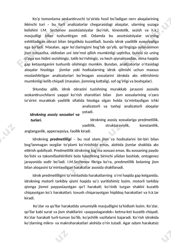 o‘rtasida hosil bo‘ladigan turlarga ajratilishi mumkin. birinchi turdagilari organizmga bir modallikka ega bo‘lgan ko‘p tomonlama seskantiruvchining ta’sir etishida alohida o‘rin egallaydilar. masalan, bunday seskantiruvchi sifatida eshitish analizatoriga ta’sir ko‘rsatuvchi alohida tovushlarning o‘ziga xos uyg‘unligidan iborat bo‘lgan kuy xizmat qilish mumkin. bu to‘plam yagona murakkab seskantiruvchi sifatida faoliyat ko‘rsatadi. bunda nerv aloqalari seskantiruvchining o‘ziga nisbatan javob o‘rnida emas, balki, ularning vaqtinchalik, fazoviy va shu kabi munosabatlariga nisbatan ham hosil bo‘ladi. natijada katta yarim sharlar po‘stlog‘ida integratsiyalash yoki murakkab sintez jarayoni sodir bo‘ladi. ko‘p tomonlama seskantiruvchi ta’sirida hosil bo‘ladigan nerv aloqalarining ikkinchi turi – bu turli analizatorlar chegarasidagi aloqalar, ularning yuzaga kelishini i.m. sechenov assotsiatsiyalar (ko‘rish, kinestetik, sezish va h.k.) mavjudligi bilan tushuntirgan edi. odamda bu assotsiatsiyalar so‘zning eshitiladigan obrazi bilan birgalikda kuzatiladi, bunda idrok yaxlitlik xususiyatiga ega bo‘ladi. masalan, agar ko‘zlaringizni bog‘lab qo‘yib, qo‘lingizga aylanasimon jism tutqazilsa, oldindan uni iste’mol qilish mumkinligi uqtirilsa, bunda siz uning o‘ziga xos hidini sezishingiz, tatib …