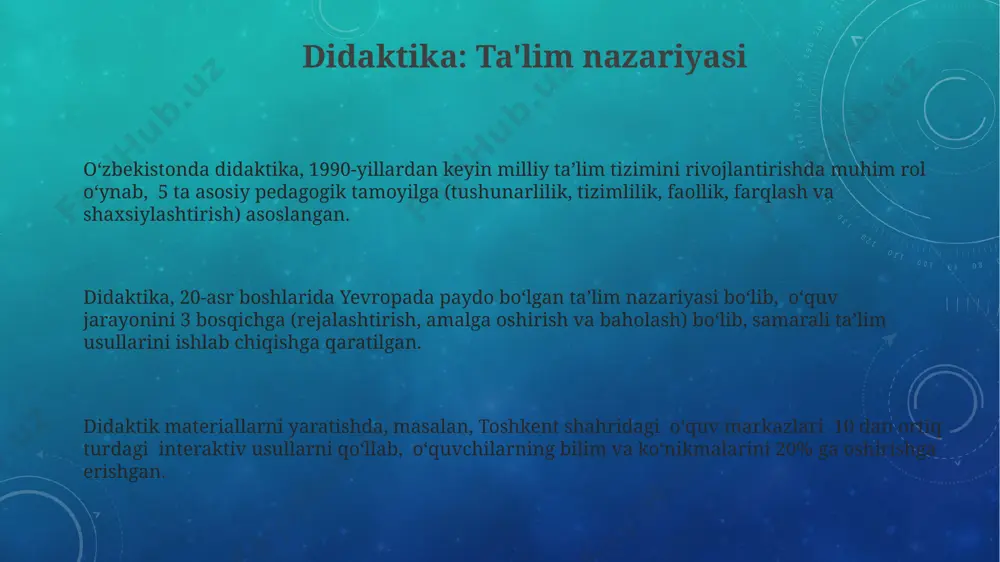 и 4 мартадан ортиқ кузатиш ва баҳолаш имкониятини беради. amaliy mashg'ulotlar va o'yinlar amaliy mashg'ulotlar, masalan, 5-sinf o'quvchilariga toshkentdagi tarixiy joylarni o'rganish bo'yicha ekskursiyalarni tashkil qilish orqali, nazariy bilimlarni amaliyotda qo'llash imkoniyatini beradi. samarqanddagi hunarmandchilik markaziga tashrif buyurib, 20 nafar o'quvchi qo'l mehnati bilan bog'liq amaliy mashg'ulotlarni o'tkazish, ijodiy fikrlash va amaliy ko'nikmalarni rivojlantirishga xizmat qiladi. o'yinlar, jumladan, "kim tezroq?" kabi 10 ta savoldan iborat intellektual musobaqalar, o'quv jarayonini qiziqarli va raqobatbardosh qilib, 7 yoshdan 12 yoshgacha bo'lgan bolalarning faol ishtirokini ta'minlaydi. loyiha usuli va uning afzalliklari loyiha usuli, 3-4 hafta davomida amalga oshiriladigan uzoq muddatli loyihalar orqali, o'quvchilarning chuqur va mustahkam bilimlarga ega bo'lishlariga, masalan, farg'onadagi ta'lim muassasalarida qo'llanilganidek, yordam beradi. loyiha usuli yordamida o'quvchilar 20% nazariy bilimlarni o'zlashtirib, 80% amaliy ko'nikmalarni egallashlari mumkin, bu esa ularning bilim darajasini sezilarli darajada oshiradi, jumladan, samarqanddagi oliy o'quv yurtlarida. loyiha usuli 5-10 nafar o'quvchidan iborat kichik guruhlarda samarali ishlashi, ularga mustaqil …