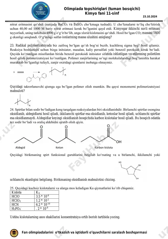 eritmaga 1 mg eritilgan modda to’g’ri keladi degani. 358,4 mg yod 0,2500 l etanol (etanol zichligi 0,7893 kg* l−1) da eritildi ushbu eritmadagi yodning massa ulushi ppmda qancha? 22. kimyogar o‘g‘itdagi sulfat-ionlarining massa ulushini foizlarda aniqlamoqchi. u o‘g‘it faqat uchta anionni o‘z ichiga olishini biladi: nitrat, karbonat va sulfat. kimyogar o‘g‘itning 4000 g miqdorini suvda eritib, bariy e ru v ch an li k g /1 0 0 m l harorat °c olimpiada topshiriqlari (tuman bosqichi) kimyo fani 11-sinf fan olimpiadalarini o‘tkazish va iqtidorli o‘quvchilarni saralash boshqarmasi 23.10.2024 nitrat eritmasini qo‘shdi (natijada baco3 va baso4 cho‘kmaga tushadi). u cho’kmalarni to‘liq cho‘ktirish uchun 40,00 ml 1000 m bariy nitrat eritmasi kerak bo’lganini qayd etdi. kimyogar ikkinchi suvli eritmani tayyorladi, uning tarkibida 4000 g o‘g‘it bo‘lib, unga xlorid kislotasini qo‘shdi. hosil bo‘lgan co2 massasi 1600 g ekanligi aniqlandi. o‘g‘itdagi sulfat-ionlarining massa ulushini aniqlang? 23. radikal polimerizatsiyada biz zaifroq bo’lgan qo’sh bog‘ni buzib, …