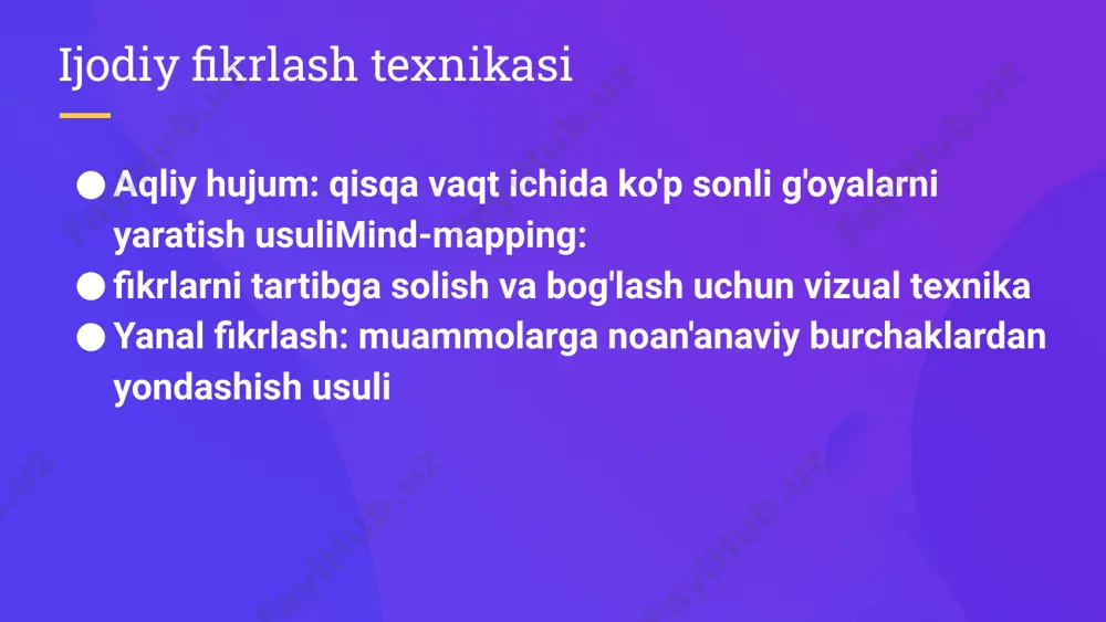 hning afzalliklari va muammolarini muhokama qiling presenting case studies demonstrating how creativity has been successfully integrated into information technology education can help illustrate the benefits and challenges of this approach. examples may include successful projects, innovative teaching methods, or creative problem-solving strategies. xulosa ijodiy fikrlash murakkab muammolarni hal qilishda qo'llanilishi mumkin muvaffaqiyatli muammolarni hal qilish strategiyalari ko'pincha muammolarni kichikroq qismlarga ajratish va ularga turli burchaklardan yondashishni o'z ichiga oladi. muvaffaqiyatli muammolarni hal qilish strategiyalariga misollar orasida dizayn fikrlash va tezkor rivojlanish kiradi in conclusion, creativity is a valuable skill for professionals in all industries, and can be developed and enhanced through practice and exposure to new ideas and experiences. educators can foster creativity in the classroom by creating a positive learning environment, using multimedia learning tools, encouraging collaboration, and incorporating creative writing, visual art, music, and dance into the curriculum. e’tiboringiz uchun rahmat image2.png image3.png image4.png image1.png
