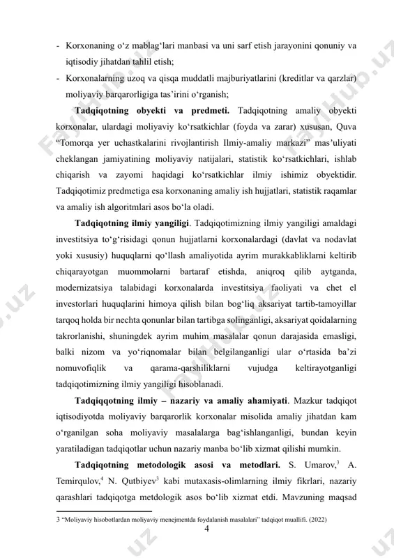 z rredmetiga esa korxonaning amaliy ish hujjatlari, statistik raqamlar va amaliy ish algoritmlari asos bo‘la oladi. tadqiqotning ilmiy yangiligi. tadqiqotimizning ilmiy yangiligi amaldagi investitsiya to‘g‘risidagi qonun hujjatlarni korxonalardagi (davlat va nodavlat yoki xususiy) huquqlarni qo‘llash amaliyotida ayrim murakkabliklarni keltirib chiqarayotgan muommolarni bartaraf etishda, aniqroq qilib aytganda, modernizatsiya talabidagi korxonalarda investitsiya faoliyati va chet el investorlari huquqlarini himoya qilish bilan bog‘liq aksariyat tartib-tamoyillar tarqoq holda bir nechta qonunlar bilan tartibga solinganligi, aksariyat qoidalarning takrorlanishi, shuningdek ayrim muhim masalalar qonun darajasida emasligi, balki nizom va yo‘riqnomalar bilan belgilanganligi ular o‘rtasida ba’zi nomuvofiqlik va qarama-qarshiliklarni vujudga keltirayotganligi tadqiqotimizning ilmiy yangiligi hisoblanadi. tadqiqqotning ilmiy – nazariy va amaliy ahamiyati. mazkur tadqiqot iqtisodiyotda moliyaviy barqarorlik korxonalar misolida amaliy jihatdan kam o‘rganilgan soha moliyaviy masalalarga bag‘ishlanganligi, bundan keyin yaratiladigan tadqiqotlar uchun nazariy manba bo‘lib xizmat qilishi mumkin. tadqiqotning metodologik asosi va metodlari. s. umarov,3 a. temirqulov,4 n. qutbiyev[footnoteref:3] kabi mutaxasis-olimlarning ilmiy fikrlari, nazariy qarashlari tadqiqotga metdologik …