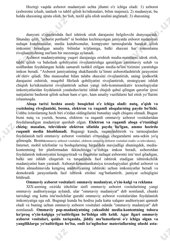 yillar o'tib odamlar bir-birlarini internetdan (sinfdoshlar, sinfdoshlar, uzoq qarindoshlar, bolalikdagi do'stlar) topishlari hayratlanarli. ijtimoiy tarmoqlar va messenjerlar dunyoning turli burchaklarida joylashgan odamlar bilan muloqot qilish imkonini beradi; · fayllar, ma'lumotlar almashinuvi - elektron pochta, virtual disklarning mavjudligi ma'lumotlar, xatlarni uzatishni ancha soddalashtirdi, endi bir necha soniya ichida siz xatlarni, kerakli fayllarni yuborishingiz mumkin. zamonaviy dunyo yuqori tezlikda ishlaydi va o'tmishda pochta boshqa mamlakatlarga oylar davomida sayohat qilgan; · virtual kinozal - kino ixlosmandlari istalgan filmni topishi va yuklab olishi, yangi mahsulotlar bilan tanishishi, onlayn tomosha qilishi, aql bovar qilmaydigan ma'lumotlar bazasi; · virtual sevgi - yaqinda bu ertak kabi edi, endi tobora ko'proq odamlar tanishuv saytlari yoki ijtimoiy tarmoqlar orqali o'z turmush o'rtog'ini topmoqda. sababi kamtarlik, ish bilan ta’minlanganlik, yigitlarimiz, qizlarimiz va xorijliklar bilan ko‘proq muloqot qilish imkoniyati. virtual dunyoda yuraklarni birlashtirishga yordam beradigan nikoh agentliklari ham mavjud. internetning inson hayotida yangi o'rni bor; · sport sharhlari, translyatsiyalar – sport …