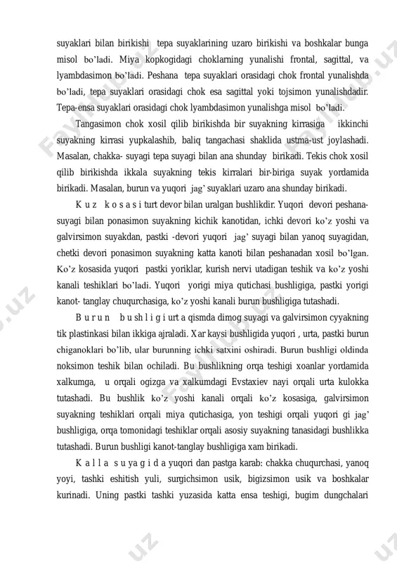 allaning pastki jag’ suyagidan tashkari, xamma suyagi xarakatsiz chok yordamida birikkan. asosiy suyakning tanasi 20 yoshdan keyin ensa suyagining asosiy qismiga suyak yordamida birikib ketadi. kalladagi choklar 3 xil: tangasimon, tekis tishli yoki arrasimon bo’ladi. tishli chokda bir suyakning tishchalari ikkinchi suyakning tishchalari orasiga joylashadi. miya kopkogining suyaklaridagi choklar xar xil yunalishda joylashgan. peshana suyaklarining tepa suyaklari bilan birikishi tepa suyaklarining uzaro birikishi va boshkalar bunga misol bo’ladi. miya kopkogidagi choklarning yunalishi frontal, sagittal, va lyambdasimon bo’ladi. peshana tepa suyaklari orasidagi chok frontal yunalishda bo’ladi, tepa suyaklari orasidagi chok esa sagittal yoki tojsimon yunalishdadir. tepa-ensa suyaklari orasidagi chok lyambdasimon yunalishga misol bo’ladi. tangasimon chok xosil qilib birikishda bir suyakning kirrasiga ikkinchi suyakning kirrasi yupkalashib, baliq tangachasi shaklida ustma-ust joylashadi. masalan, chakka- suyagi tepa suyagi bilan ana shunday birikadi. tekis chok xosil qilib birikishda ikkala suyakning tekis kirralari bir-biriga suyak yordamida birikadi. masalan, burun va yuqori jag’ suyaklari uzaro ana shunday …