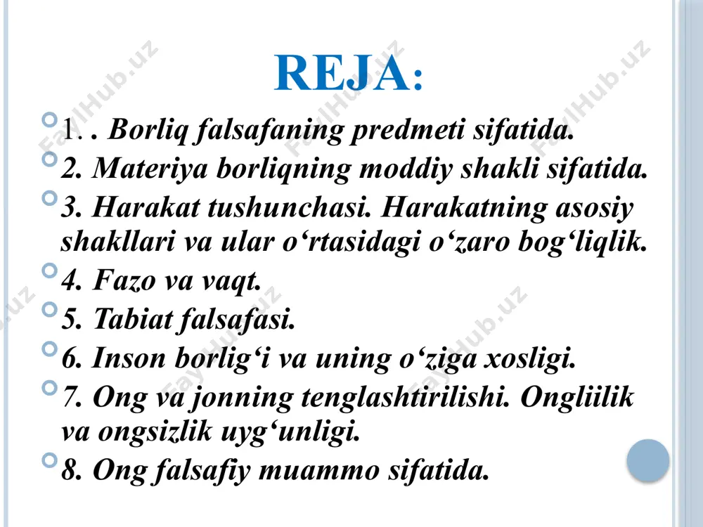 shakllariga хоs tоmоnlarning yig`indisi majassamlashgandir. inson til insonning fikrlash faoliyati amalga oshuvchi muhim shakl hisoblanadi. ong nafaqat insonning mehnat faoliyati, balki odamlar o‘zaro aloqasi va muloqotining universal vositasi – til bilan ham uzviy bog‘liqdir. mehnat tilni rivojlantiradi va boyitadi. insоn bоrlig`i jamiyat taraqqiyotining birdan bir manbaidir. ijtimоiy bоrliq hоdisalarning barcha turlarini o`z ichiga qamrab оladi.jamiyatdagi barcha hodisalar iqtisоdiy siyosiy оilaviy ijtimоiy etnik ijtimоiy ma`naviy borliq bоrliq faqat mоddiy shaklda emas, ma’naviy, ruhiy shaklda ham namоyon bo`ladi. ma’naviy bоrliq insоn tоmоnidan yaratilgan rang-barang madaniyat va san’at asarlari, til, ilmiy kashfiyotlar, g`оyalar, aхlоq-оdоb qоidalari, falsafiy, estetik, badiiy, siyosiy, tafakkurlash madaniyati, ruhiy kechinmalar, diniy tasavvurlar, tushunchalar va h.k. majmui kiradi. falsafada substansiya muammosi falsafa tarixida o‘zining mavjudligi uchun o‘zidan boshqa narsaga muhtoj bo‘lmagan birinchi asosni ifodalash uchun “substansiya” (lot. substantia – mohiyat, asos) kategoriyasi qo‘llaniladi. ilk falsafiy yo‘nalishlarning vakillari barcha narsalar asosini tashkil etuvchi moddani birinchi asos sifatida tushunganlar. “substansiya” tushunchasi o‘z-o‘zini to‘liq …