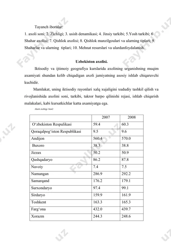 sida rossiya federasiyasi va ukrainadan keyin 3-urinda turadi axolini son jiqatidan usishi (dinamikasi) uning takror barpo qilinish jarayoni (tukilish, ulim va tabiiy usish), xamda mexanik harakati (migrasiya) bilan chambarchas bog‘liqdir. bu jarayonning kelishiga axoli urtacha shakillangan murakkab tarixiy - ananaviy va ijtimoiy va iktisodiy xususiyatlar xam katta tasir kursatadi. uzbekiston juda murakkab tarixiy rivojlanish yulini bosib utdi. uning kuxna tarixiy zamining gurkirab rivojlanishi va tanazuli, jangu jadallar oqibati bulgan vayronalilar va ularning yaratuvchisi namunalari, madaniy yuksalish va siyosiy uarashlar davrinig demografik va migrasion holatiga kuchli tasir etdi. uzbekiston axolisiga oktabr inqilobidan avvalgi rasmiy malumotdar juda kam. shu bilan birga, xali turmush darajasining va unga tibbiy xizmat kursatishning pastligi, axoli sonini usishi ancha sust borgan. 1865 yilda hozirgi uzbekiston xududida, 3 mln 320 ming axoliyashagan. 1897 yilga kelib esa uning axolisining soni 3 mln 948 ming kishiga yetgan, yani 32 yil moboynida 19% kupaygan, bu davrda axolining usish darajasi atiga 0,55% …