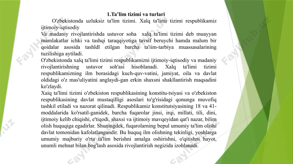 m olishlari, ularda bilimlarni o'zlashtirish ehtiyojini, asosiy o'quv-ilmiy va umummadaniy bilimlarni, milliy va umumbashariy qadriyatlarga asoslangan ma'naviy-axloqiy fazilatlarni, mehnat ko'nikmalarini, ijtimoiy fikrlash va atrof-muhitga ongli munosabatda bo'lishni va kasb tanlashni shakliantiradi. [umumiy o'rta ta'lim tugallanganidan keyin o'quv fanlari va ular bo'yicha olingan baholar ko'rsatilgan holda davlat tomonidan tasdiqlangan namunadagi attestat beriladi. o'rta maxsus, kasb-hunar ta'limi umumiy o'rta ta'lim negizida o'qish muddati uch yil bo'lgan majburiy o'rta maxsus, kasb-hunar ta'limi uzluksiz ta'lim tizimi- dagi mustaqil turdir. o'rta maxsus, kasb-hunar ta'limi yo'nalishi — akademik iitsey yoki kasb-hunar kolleji o'quvchilari tomonidan ixtiyoriy tanlanadi. akademik litsey davlat ta'lim standartlariga muvofiq o'rta maxsus ta'lim beradi. o'quvchilarning imkoniyatlari va qiziqishlarini hisobga olgan holdaularningjadal intellektual rivojlanishi, chuqur, sohalashtirilgan, tabaqalashtirilgan, kasbga yo'naltirilgan ta'lim olishini ta'minlaydi. akademik litseylarda o'quvchilar o'zlari tanlagan ta'lim yo'-nalishi bo'yicha (ijtimoiy, texnika, agrar va boshqa sohalar) bilim saviyalarini oshirish hamda fanni chuqur o'rganishga qaratilgan maxsus kasb-hunar ko'nikmalarini o'zlarida shakllantirish imko-niyatiga ega bo'ladilar. bu ko'nikmalarni o'qishni …