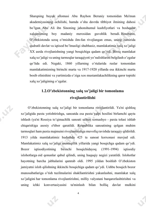 1994) iqtisodiy islohotlarga oid qonunlar qabul qilindi, uning huquqiy negizi yaratildi. islohotlar hayotning barcha jabhalarini qamrab oldi. 1995 yildan boshlab o’zbekiston jamiyatni isloh qilishning ikkinchi bosqichiga qadam qo’ydi. ushbu bosqich bozor munosabatlariga o’tish tuzilmalarini shakllantirishni yakunlashni, mamlakat xalq xo’jaligini har tomonlama rivojlantirishni, milliy valyutani barqarorlashtirishni va uning ichki konvertasiyasini ta'minlash bilan boіliq davlat mulkini xususiylashtirishni yakunlash hamda iqtisodiyotni xomashyo yetishtirib berishdan tayyor mahsulot chiqarishga yo’naltirishni ko’zda tutilgan. shuningdek, iqtisodiy islohotlarning yuqorida zikr qilingan ikkinchi bosqichida iqtisodiyotni barqarorlashtirish va xalq xo’jaligi uzoq tarmoqlari o’sishini ta'minlash, ishlab chiqarishda aholi keng iste'mol mollariga ko’ra ularning ehtiyojini nazarda tutib o’zgarishlar qilish va boshqa hayotiy masalalar xalq xo’jaligida qator tarkibiy o’zgarishlar yuz berdi. jumladan, mamlakat xalq xo’jaligining yetakchi sohasi - sanoatda importning o’rnini bosa oladigan tovarlar ishlab chiqarish: neft mahsulotlari,g`alla ishlab chiqarishni ko’paytirish bilan neft mahsulotlari vag`alla mustaqilligini ta'minlash; eksportbop tovarlar ishlab chiqarish miqdorini ko’paytirishga qaratilgan yo’nalishlarga iqtisodiy siyosatda ustuvorlik beradi. · yillarida o’zbekistonning xalq …