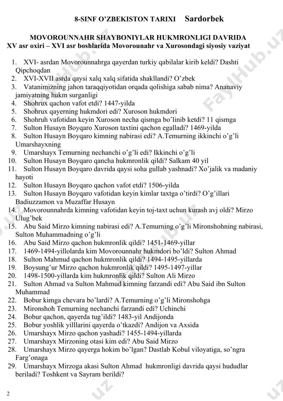 andijonda 25. bobur yoshlik yilllarini qayerda o’tkazdi? andijon va axsida 26. umarshayx mirzo qachon yashadi? 1455-1494-yillarda 27. umarshayx mirzoning otasi kim edi? abu said mirzo 28. umarshayx mirzo qayerga hokim bo’lgan? dastlab kobul viloyatiga, so’ngra farg’onaga 29. umarshayx mirzoga akasi sulton ahmad hukmronligi davrida qaysi hududlar beriladi? toshkent va sayram berildi? 30. ichki kurashlar natijasida umarshayx mirzo qo’l ostida qyerlar qoldi? farg’ona, xo’jand, va o’ratepa 31. bobur hokimiyatga kelganda necha yoshda edi? 12 yoshda 32. dastlab bobur o’rniga kimlar davlat ishlarini boshqardilar? ishonchli begi hojiqozi va onasi qutlug’ nigorxonim 33. nima sababdan bobur o‘rniga davlatni onasi qutlug’ nigorxonim va hojiqozi boshqargan? yosh bo’lganligi uchun 34. sulton ahmad boburga kim bo’lar edi? amakisi 35. sulton ahmad qachon farg’ona ustiga yurish qildi? 1494-yilda 36. samarqand qo’shini qaysi ko’prikdan o’tayotganda falokat yuz beradi? quvasoy 37. sulton ahmadning samarqandga qaytib ketishiga nima sabab bo’ldi? quvasoy ko’prigi nishi, otlari orasida o’lat tarqalishi va aholining kuchli …