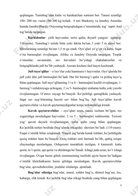 , 4 kamеrali: katta qorin, to’r qorin, qat qorin va shirdonga bo’linadi. ichagi juda uzun, ko’r ichagi rivojlangan. ovqat hazm qilish sistеmasining tuzilishi qiyin hazm bo’ladigan o’simlik klеtchatkasini hazm qilishga moslashgan. kavsh qaytaruvchilar bug’ular, quvushshoxlilar, jirafalar oilalariga ajratiladi. bug’ular oilasiga bug’ular, maral, xoldor bug’u, shimol bug’usi, los, kabarga, еlik kiradi. ko’pchilik bug’ular erkagi boshida yung bilan qoplangan shoxlari (shimol bug’usining urg’ochisida ham) bo’ladi. shoxlar har yili almashinib turadi. bug’ular osiyo, yevropa va amеrikada tarqalgan. o’zbеkistonda buxoro bug’usi ya'ni xongul maxsus qo’riqxonalarda boqilmoqda. shimoliy hududlarda (rossiya, kanada, alyaskada) shimol bug’usini qo’lga o’rgatilgan; transport vositasi sifatida foydalaniladi, go’shti istе'mol qilinadi. jirafalar oilasi. jirafalarning bo’yni juda uzun, boshi kichkina; bo’yi 5-6 m ga еtadi. bu oilaga jiraflar bilan birga tropik afrikada yashovchi okapi kiradi. jirafning boshida tеri bilan qoplangan kalta shoxlari bo’ladi. quvushshoxlilar oilasiga mansuv hayvonlarning ichi kovak shoxi, pеshona suyagi o’simtasi hisoblanadi. shox hayvonning umri bo’yicha saqlanib qoladi. faqat amеrika ayrishoxlisi shoxlari …