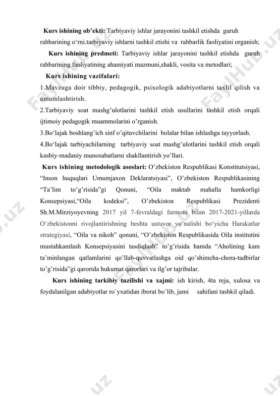 ning kam ta’minlangan qatlamlarini qo’llab-quvvatlashga oid qo’shimcha-chora-tadbirlar to’g’risida”gi qarorida hukumat qarorlari va ilg’or tajribalar. kurs ishining tarkibiy tuzilishi va xajmi: ish kirish, 4ta reja, xulosa va foydalanilgan adabiyotlar ro`yxatidan iborat bo`lib, jami sahifani tashkil qiladi. 1.maktabdagi tarbiyaviy ishlar tizimida sinf rahbarining faoliyatining dolzarbligi va nazariy asoslari. tarbiya jarayonining mazmuni bolalarga beriladigan ma’naviy axloqiy bilimlar tizimi, ishonch, e’tiqod, intizom, xulq-atvorni butun bir holatini tashkil etadi. tarbiyaviy ishlarning mazmunida bosh maqsad, “milliy istiqlol g’oyasi: asosiy tushuncha va tamoiyllar”ni bolalarning ongiga o’ziga xos va mos ravishda quyudagilarni singdiradi. xalqimizning boy ma’naviy, an’ana, udum, urf-odatlar va ajdodlarimiz merosidan foydalanish, o’zbekiston respublikasi konstitutsiyasi, adolat, haqiqat va erkinlikni, ishonch-e’tiqodni tarbiyalash, yurt tinchligi, vatan ravnaqi, xalq farovonligi mohiyatini izohlash, mehrli-muruvvatli va bag’ri kenglik. ayniqsa kichik maktab yoshidagi o’quvchilarning ta’limiy- tarbiyaviy faoliyatlari o’ziga xos xususiyatga ega: o’quvchilarda hayotiy tajribalarning kamligi, o’quv-tarbiya jarayonida hodisalarga qiziqish, «yaxshi», «yomon»ni ajrata bilmaslik yoshlarning faoliyatiga chuqur munosabat bildira olmasligi mumkin. sinf rahbari deganda …