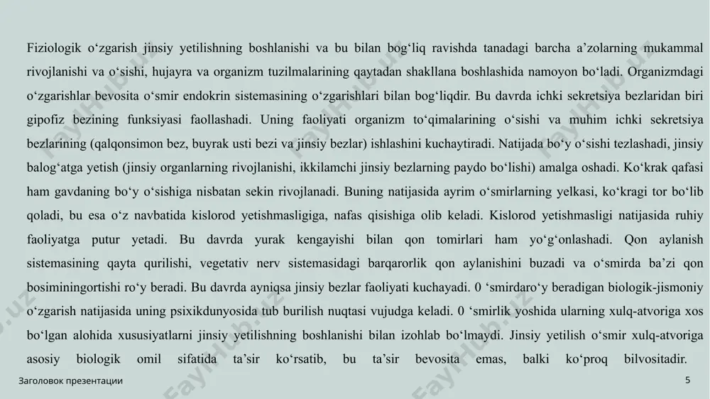 smirlar boshqalardan yomonroq bolishni xohlamaydilar va o‘z muhitida ko‘zga tashlanib turishga hamda boshqalardan nimalar bilandir farq qilishga intiladilar. 0 ‘smirlarning hammasi g‘ayratli va faoldirlar, biroq, o‘zlarining kuch-quvvatlarini qayoqqa yo‘naltirishni hamma vaqt ham bilavermaydilar. binobarin, ularni bevosita natijalari bilan xursand qiladigan xilma-xil foydali va qiziqarli ishlar bilan band qilish kerak. 0 ‘smirlar, garchi hamma vaqt ham bunga tayyor emasliklariga qaramay, mustaqillikka intiladilar. ammo ko‘pincha mustaqil ish-harakatlar uchun ularning imkoniyatlari bolmaydi. demak, ularni mustaqil faoliyatga yaxshiroq tayyorlash va ularga mustaqil ishlarni ishonib topshirish hamda muvaffaqiyatli bajarilishini hamma vositalar bilan ta’minlash kerak. 0‘z-o‘zidan ko‘rinib turibdiki, o‘smirlar psixikasida ijobiy tomonlar yetarli darajada mavjuddir. bu ijobiy tomonlardan foydalanib va ularni rivojlantirish, salbiy ishtiyoq, mayl, ishlar va xatti-harakatlarni yo‘qotish kerak заголовок презентации 12 название презентации 13 заголовок презентации 14 4. shaxs rivojlanishi va o‘spirinlik davriga o‘tishdagi inqiroz 0 ‘smirlik yoshi dunyoqarash, e’tiqod, prinsip, o‘zligini anglash, baholash kabi shaxs xususiyatlari shakllanadigan davr hisoblanadi. 0‘smir ulg‘aygan sari unda …