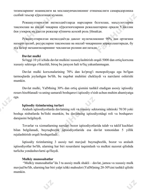 чиқариш кўрсаткичларини режалаштириш орқали 5 йиллик ёки узоқроқ муддатли режалар кўпинча асосий роль ўйнайди. режашултирилган иқтисодиётда давлат мулкчиликнинг 90% дан ортиғини назорат қилиб, ресурсларни тақсимлаш ва ишлаб чиқаришни марказлаштиради, бу эса бозор механизмларининг чекланган ролини англатади. davlat mulki so'nggi 10 yil ichida davlat mulkini xususiylashtirish orqali 5000 dan ortiq korxona xususiy sektorga o'tkazildi, biroq bu jarayon hali to'liq yakunlanmagan. davlat mulki korxonalarining 70% dan ko'prog'i monopoliyaga ega bo'lgan tarmoqlarda joylashgan bo'lib, bu raqobat muhitini cheklaydi va narxlarni oshirishi mumkin. davlat mulki, yaimning 30% dan ortiq qismini tashkil etadigan asosiy iqtisodiy resurs hisoblanadi va uning samarali boshqaruvi iqtisodiy o'sish uchun muhim ahamiyatga ega. iqtisodiy tizimlarning turlari aralash iqtisodiyotlarda davlatning roli va xususiy sektorning ishtiroki 70/30 yoki boshqa nisbatlarda bo'lishi mumkin, bu davlatning iqtisodiyotdagi roli va boshqaruv darajasini belgilaydi. tovarlar va xizmatlarning narxlari bozor iqtisodiyotlarida talab va taklif kuchlari bilan belgilanadi, buyruqbozlik iqtisodiyotlarida esa davlat tomonidan 5 yillik rejalashtirish orqali boshqariladi. iqtisodiy …
