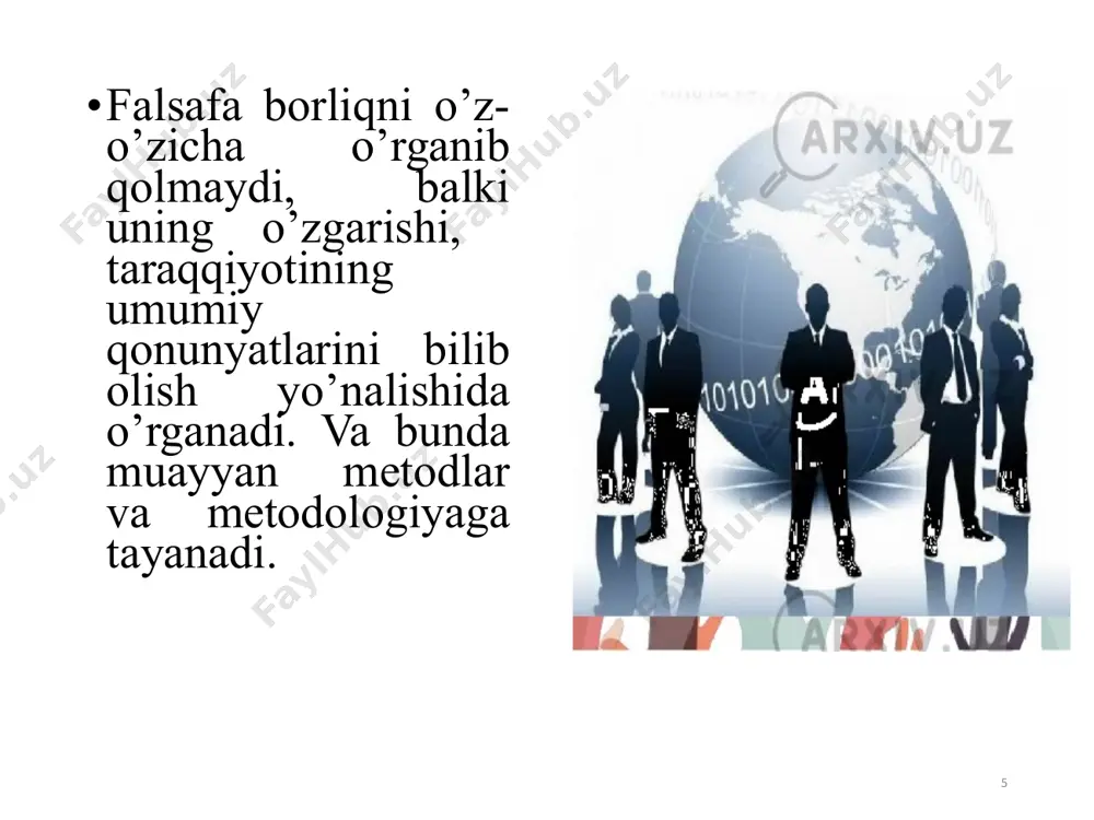 kinchi tomondan, ulardagi o’zgarishlar sifatida namoyon bo’ladi. taraqqiyot - tizimni yangilashga olib keluvchi ilgarilama o’zgarish. taraqqiyot (rivojlanish) moddiy obyekt va ma’naviy omillarning 1) yangi sifatlarini yuzaga keltiradigan; 2) takrorlanmaydigan, aniq yo’nalishda yuz beradigan; 3) qonuniyatli asosda ro’y beradigan tub o’zgarishlardir. mazkur uch xususiyat mavjud bo’lgandagina o’zgarish taraqqiyot darajasiga ko’tariladi. progress - murakkab tizimlarning yuqori va mukammal bosqichga o’tishini ta’minlaydigan rivojlanish turidir. regress - narsa, voqea, jarayonning inqirozi, orqaga kaytishidir. 17 qonun qonun - muayyan shart-sharoitda voqealar rivojining xususiyati va yo’nalishlarini belgilay- digan, ma’lum bir qat’iy natijani taqozo etadigan, obyektiv dunyodagi narsa va hodisalarning muhim, zaruriy, umumiy, ichki, barqaror munosabatlaridir. qonunlar olamdagi aloqadorliklarni aks ettirish xususiyatlariga ko`ra 3 turga bo`linadi tabiat qonunlari jamiyat qonunlari tafakkur qonunlari qonunlar amal qilish darajasiga ko`ra 3 turkumga bo`linadi eng umumiy qonunlar (falsafa qonunlari); umumiy qonunlar (jamiyat qonunlari); xususiy qonunlar (kulon qonuni). xususiy qonunlar narsa, hodisalarning o’rtasidagi nisbatan tor doiradagi aloqadorlikni funksional tarzda ifodalaydi. u muayyan …