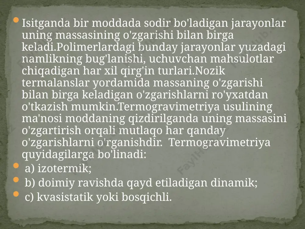 ik qayta ishlash natijasida moddaning konversiya jarayonining kinetik parametrlari - ea faollashuv energiyasi va n reaktsiya tartibi olinadi dta usuli bilan amalga oshiriladigan fizik o'zgarishlardan polimer erishi eng ko'p o'rganilgan.polimerlarning erish zonasiga mos keladigan termogrammalar past molekulyar og'irlikdagi moddalarning erish burilishlaridan farq qiladi, chunki endotermik erish cho'qqisi harorat shkalasida bulanadi, bu yuqori molekulyar og'irlikdagi birikmalarning polimolekulyarligi bilan bog'liq. shu bilan birga, bir xil polimolekulyarlik bilan bir xil polimer sezilarli darajada erish xususiyatlarini aniqlay oladi, bu uning kristalligi va supramolekulyar tuzilishlarning hajmi va turi bilan bog'liq, ularning paydo bo'lishi kristallanish sharoitlari bilan belgilanadi materiallar va ulardan yasalgan buyumlarning yong'in xavfi texnologiyada quyidagi xususiyatlar bilan belgilanadi: 1) tutun chiqindisi; 2) yonuvchanlik, ya'ni materialning olovni ushlab turish, yonish jarayonini qo'llab-quvvatlash va yoyish qobiliyati; 3) yonish mahsulotlari va pirolizning toksikligi; 4) strukturaning yong'inga chidamliligi, ya'ni olov va yuqori harorat ta'sirida mahsulotning fizik-mexanik (kuchliligi, qat'iyligi) va funktsional xususiyatlarini saqlab qolish qobiliyati. hozirgi vaqtda turli xil …