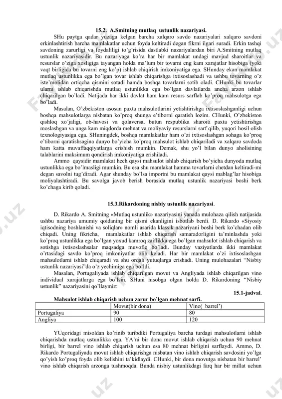 rmaniyada 30-39 foizini tashkil etdi. shu davrda o’zbekiston yalpi milliy mahsulotida tashqi savdoning ulushi 10-12 foiz atrofida bo’ldi. tashqi savdo xalqaro ayirboshlashning an’anaviy shakli sifatida quyidagi ko’rinishlarni o’z ichiga oladi: · mahsulotlarni ayirboshlash: yoqilg’i-xom ashyo mahsulotlari, qishloq xo’jaligi mahsulotlari, sanoat mahsulotlari; · xizmatlarni ayirboshlash: muhandislik-maslahat xizmatlari; · transport xizmatlari, sayyohlik va boshqa xizmatlar. hozirgi vaqtda xizmatlarning jahon eksportidagi hissasi 30 foizdan oshib ketdi; · yangi ilmiy-texnik ma’lumotlarni ayirboshlash: litsenziyalar va «nou-xou»lar. ular hissasiga xalqaro savdo aylanmasining 10 foiziga yaqini to’g’ri keladi. xalqaro savdo mahsulotlari, xizmatlar va fan-texnika ma’lumotlarini ayirboshlashning barcha ko’rinishlari tashqi savdo operatsiyalari yordamida amalga oshiriladi. ular o’z navbatida eksport, import, reeksport va reimport operatsiyalariga bo’linadi. eksport operatsiyasi - mahsulotlarni chet mamlakatlarga chiqarish. import operatsiyasi - mahsulotni xorijiy sherikdan sotib olish va uni mamlakatga olib kelish. reeksport operatsiyasi - avval import qilingan va qayta ishlov berilmagan mahsulotni chet elga olib chiqib sotish. reimport operatsiyasi - avval eksport qilingan va …