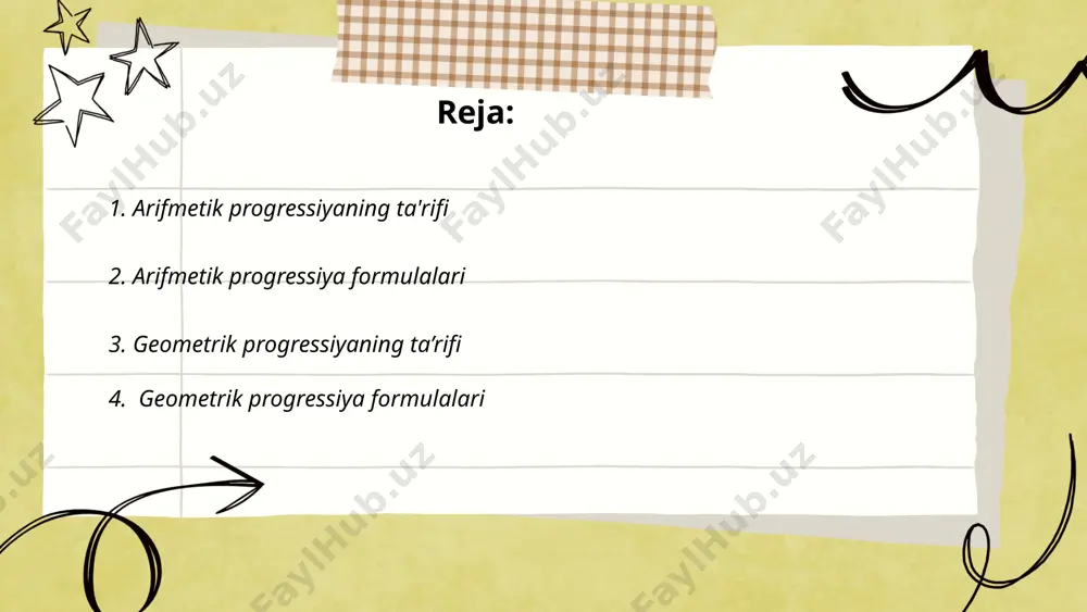 q=? 3. 5,10,20,40,… s10=? arifmetik va geometrik progressiya sunnatova dilnoza e'tiboringiz uchun raxmat! image1.png image2.png image3.png image4.png image5.png image6.png image7.png image8.png image9.png