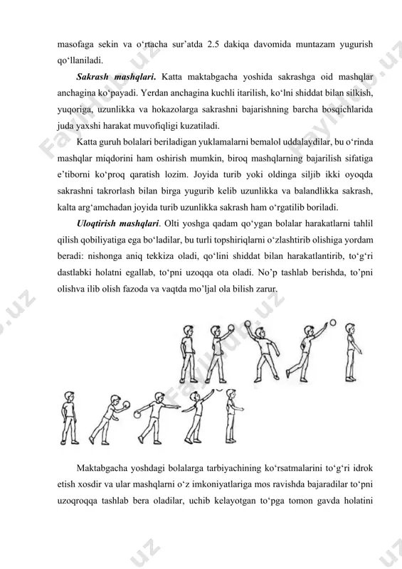 hib o‘tish hamda zinapoyalar orasidan o‘tish taklif qilinadi va boshqalar. maktabgacha yoshdagi bolalarni jismoniy tarbiyalash tizimda asosiy gimnastika: bolalarga mo‘ljallangan asosiy gimnastika tarkibini asosiy harakatlar, umumrivojlantiruvchi va saflanish mashqlari tashkil etadi. harakatli o‘yinlar haqida tushuncha, uning o‘ziga xosligi. harakatli o‘yinlar muhim ahamiyatga ega bo‘lgan kompleks ta’limtarbiya jarayonidir. bu jarayonning asosini tashkil etuvchi bolalarning harakat faoliyati jismoniy rivojlanishga, harakat ko‘nikmalari va jismoniy sifatlarning shakllanishiga, organizmning funksional faoliyatini oshirgan va emotsional quvnoqlik tuyg‘ularini kuchaytirgan holda salomatlikni mustahkamlashga ijobiy ta’sir etadi. harakatli o‘yinlar jismoniy tarbiyaning asosiy vositalari va metodlaridan biri sifatida yuqorida sanab o‘tilgan vazifalarni samarali hal etishga yordam beradi. harakatli o‘yinlarni o‘tkazishda erishiladigan sog‘lomlashtirish samarasi bolalarning o‘yin faoliyati jarayonida yuzaga keladigan va bola psixikasiga yaxshi ta’sir etadigan ijobiy emotsiyalar bilan uzviy bog‘liqdir. emotsional ko‘tarinkilik bolalarda barcha uchun umumiy bo‘lgan maqsadga erishishga intilish uyg‘otada va u vazifalarni aniq tushunishda, harakatlarning o‘zaro mosligida, fazoda va o‘yin sharoitlarida aniq mo‘ljal olishda, topshiriqlarni tezlashtirilgan sur’atda bajarilishida …