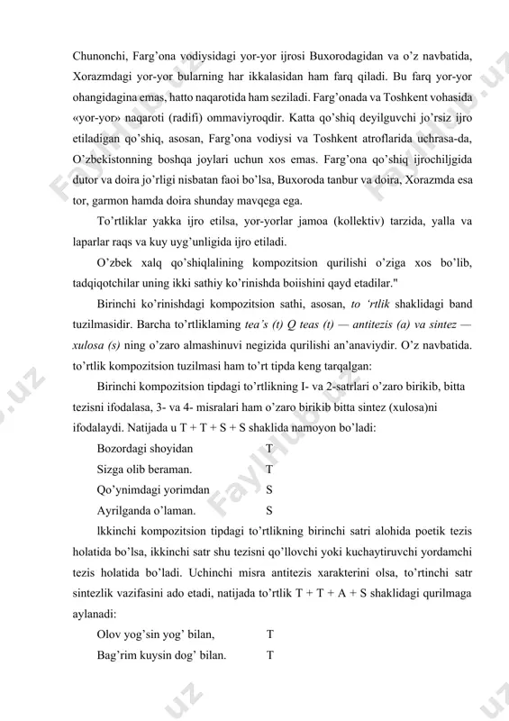ada u t + t + s + s shaklida namoyon bo’ladi: bozordagi shoyidan t sizga olib beraman. t qo’ynimdagi yorimdan s ayrilganda o’laman. s lkkinchi kompozitsion tipdagi to’rtlikning birinchi satri alohida poetik tezis holatida bo’lsa, ikkinchi satr shu tezisni qo’llovchi yoki kuchaytiruvchi yordamchi tezis holatida bo’ladi. uchinchi misra antitezis xarakterini olsa, to’rtinchi satr sintezlik vazifasini ado etadi, natijada to’rtlik t + t + a + s shaklidagi qurilmaga aylanadi: olov yog’sin yog’ bilan, t bag’rim kuysin dog’ bilan. t o’ynamadim, kulmadim, a ko’nglim suygan yor bilan. s uchinchi kompozitsion tipdagi to’rtlikning birinchi satri tezis, ikkinchi satri sintez, uchinchi satri tezis va to’rtinchi satri sintez tizimida namoyon bo’ladi. to’rtlik esa t + s + t + s shaklidagi tuzilma tusini oladi: oy emasman, kun emasman, t kunda-kunda chiqqani. s chashmayi buloq emasman, t eshigingdan oqqani. s to’rtinchi kompozitsion tipdagi to’rtlikning birinchi satridagi tabiat hodisasi haqidagi tezis ikkinchi va uchinchi satrlarda …