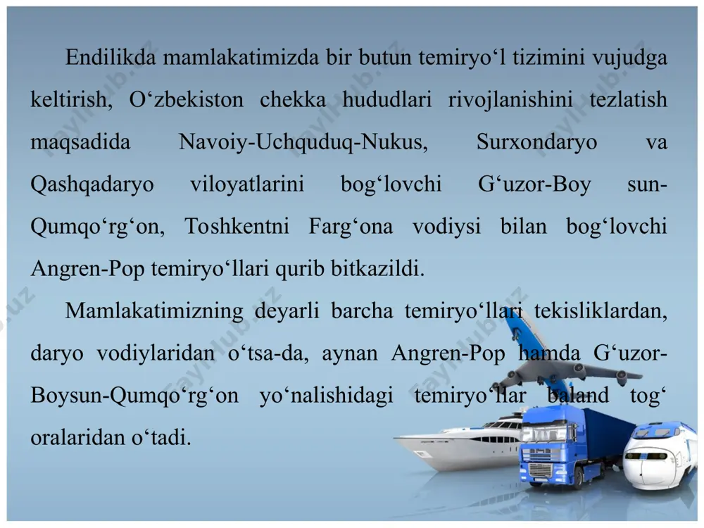 g kemalari tashib bermoqda. fraxt - suv yo‘lida yuk tashish haqi. bu haq yukning og‘irligi, qancha masofaga tashilishi, hajmi, kemada tashish vaqt miq doriga ko‘ra belgilanadi. o‘zbekiston chetga sotgan mollarini chet el kemalarida tashib, ko‘p mablag‘ sarflashga majbur bo‘lmoqda. * havo transporti transportning eng qimmat va shu bilan birga eng tez ha-rakatlanadigan hamda joy relyefiga kam bog‘liq bo‘lgan turidir. yo‘lovchini uzoq masofaga, xusu san, xorijga eltishda, bironta ham transport havo transpor­ti o‘rnini bosa olmaydi. havo transportida tashiladigan yuklarning ko‘pchiligi shoshilinch va qimmatbaho yuklardir (tez buziladigan mahsulotlar, pochta va boshqalar). bugungi kunga kelib mamlakatimiz ko‘plab xorijiy mamlakatlar bilan havo yo‘llari orqali bog‘lanmoqda. yoniga «o‘zbekiston» deb yozilgan va davlat bayrog‘i ko‘ rinishi tushirilgan samolyot larni ko‘plab mamlakat-lar ning aeroportlarida uchratish mumkin (75-rasm). havo transporti yo‘ lovchi (har yili 2 mln dan ortiq kishi) tashish jihatidangina emas, balki har xil yuk tashish jihatidan ham ahamiyatlidir. mahalliy havo yo‘l larining umumiy uzunligi 60 ming …