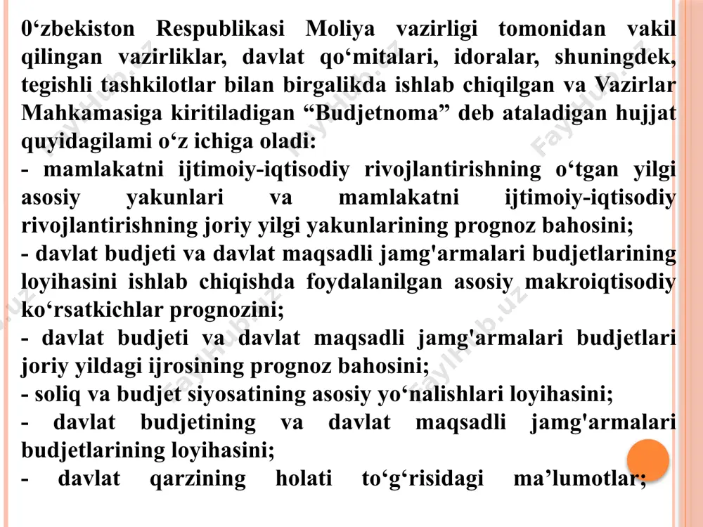 a, “davlat budjetining g'azna ijrosi davlat budjetining barcha daromadlarini yagona g'azna hisobraqamiga kiritishdan, shuningdek, davlat budjetining xarajatlarini shu hisobraqamdan to 'lashdan iborat davlat budjeti g'azna ijrosining asosiy tamoyillari - kassaning yagonaligi hamda buxgalteriya hisobi va hisobotini tashkil etishning yagonaligidan iborat. davlat budjetining g'azna ijrosi qonun hujjatlarida belgilab qo'yiladigan maxsus vakolatli moliya organi hamda uning qoraqalpog'iston respublikasi, viloyatlar, tumanlar, shaharlardagi hududiy bo'linmalari tomonidan amalga oshiriladi. davlat budjeti g'azna ijrosi deganda davlat budjeti, davlat maqsadli jamg'armalari va boshqa budjetdan tashqari fondlarning mablag'lari to'planadigan, ushbu mablag'lar doirasida aniq belgilangan yo'nalishlar bo'yicha xarajatlar amalga oshiriladigan yagona g'azna hisobraqami orqali davlat budjetining ijro etilishi hamda shu orqali davlat moliyasini maqsadli va samarali boshqarishni tashkil etish tushuniladi. davlat budjeti g'azna ijrosiga o'tishgacha bo'lgan davrda budjet ijrosi jarayoni quyidagi bosqichlarda amalga oshirilar edi: - budjet tushumlarini taqsimlash; tegishli budjetlarda jamlangan mablag'lami budjetdan mablag' oluvchilaming ularga xizmat ko'rsatuvchi banklarda ochilgan hisobraqamiariga o'tkazish. yuridik va jismoniy shaxslar tomonidan davlat …