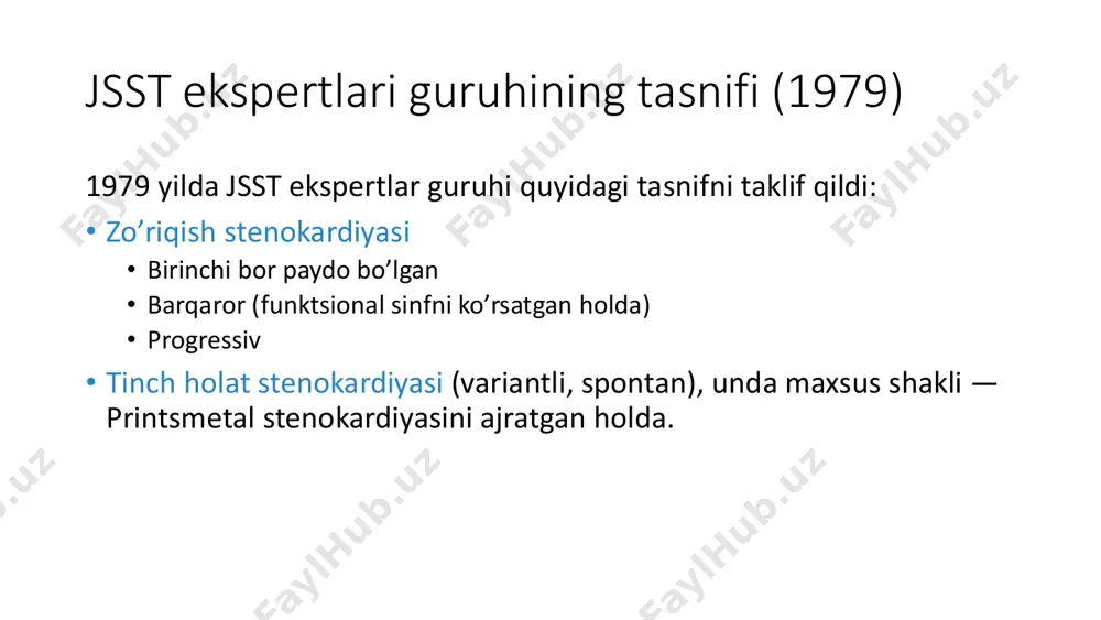 ruvchi preparatlar — gmg-koa reduktaza ingibitorlari (statinlar) belgilanadi. davolashning maqsadi: umumiy xolesterin darajasini 4,5 mmol / l (175 mg / dl) yoki undan past darajagacha va pzlp xolesterin darajasini 2,5 mmol / l (100 mg / dl) yoki undan past darajagacha kamaytirish. antiagregantlar • stenokardiyali barcha bemorlarga, qarshi ko’rsatmalar bo’lmasa, kuniga 75-150 mg dozada umrlari bo’yi asetilsalitsil kislota (aspirin) buyuriladi. doza minimal va shu bilan birga samarali bo’lishi kerak, chunki uni oshirish tufayli oshqozon-ichak tizimiga nojo’ya ta’sir ko’rsatish xavfi ortadi. • asetilsalitsil kislotaga qarshi ko’rsatmalar mavjud bo’lsa, klopidogrel belgilanishi mumkin, u tadqiqotlarda yuqoriroq samara va kamroq oshqozon-ichak qon ketishlariga sabab bo’lishini ko’rsatdi. biroq, klopidogrelning qimmatroq turishi ma’lum qiyinchiliklar keltirib chiqarishi mumkin. shuningdek, asetilsalitsil kislotaga ezomeprazol (80 mg / kun) qo’shilishi peptik yara va tomir kasalliklari bo’lgan bemorlarda retsidivlovchi yaradan qon ketishlarni oldini olish uchun klopidogrelga o’tishdan yaxshiroq ekanligini ko’rsatdi. simptomatik davolash β-adrenoblokatorlar • β-adrenoblokatorlar stenokardiya xurujlarini qoldirish uchun samarali hisoblanadi …